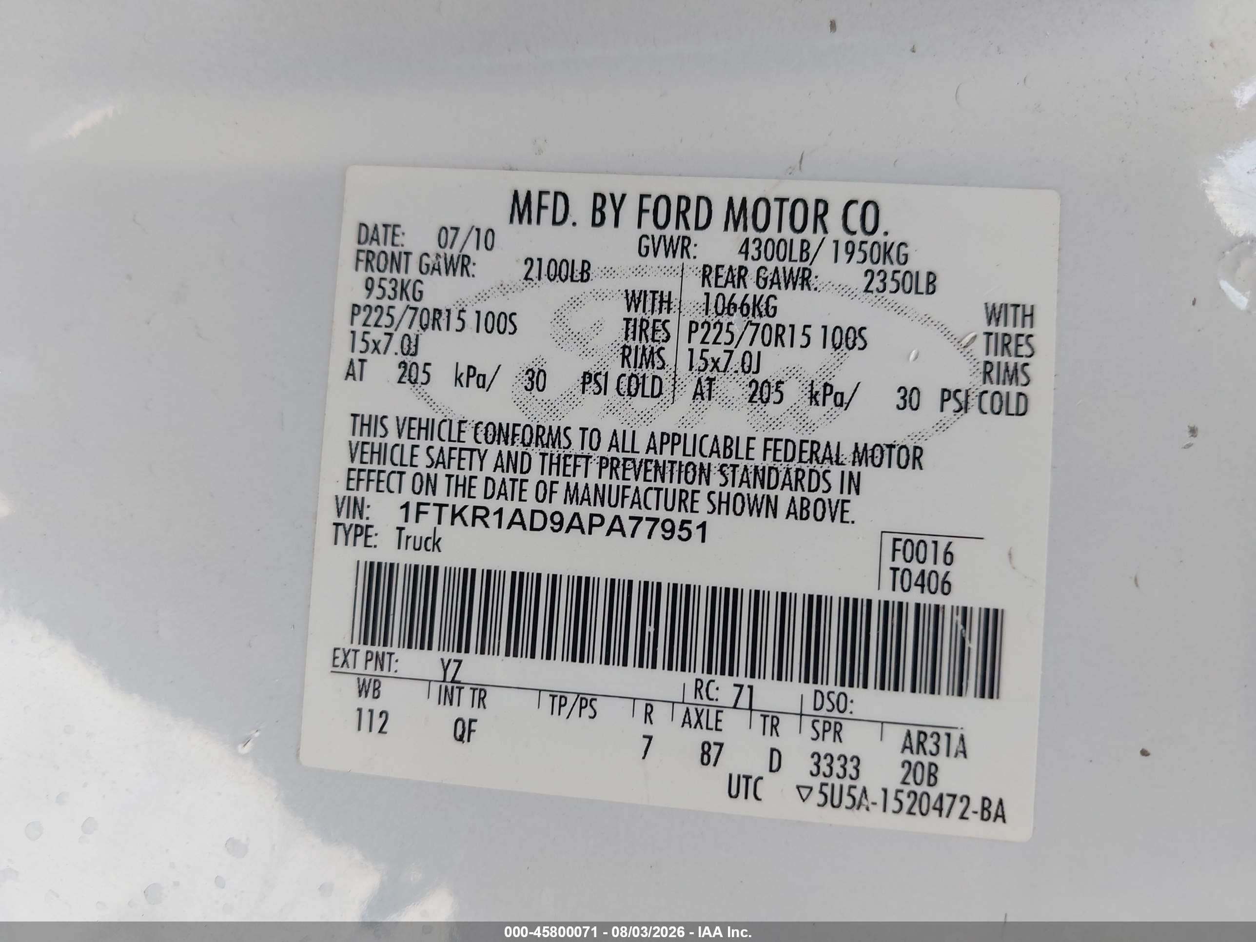 2010 Ford Ranger Xl/xlt White vin: 1FTKR1AD9APA77951
