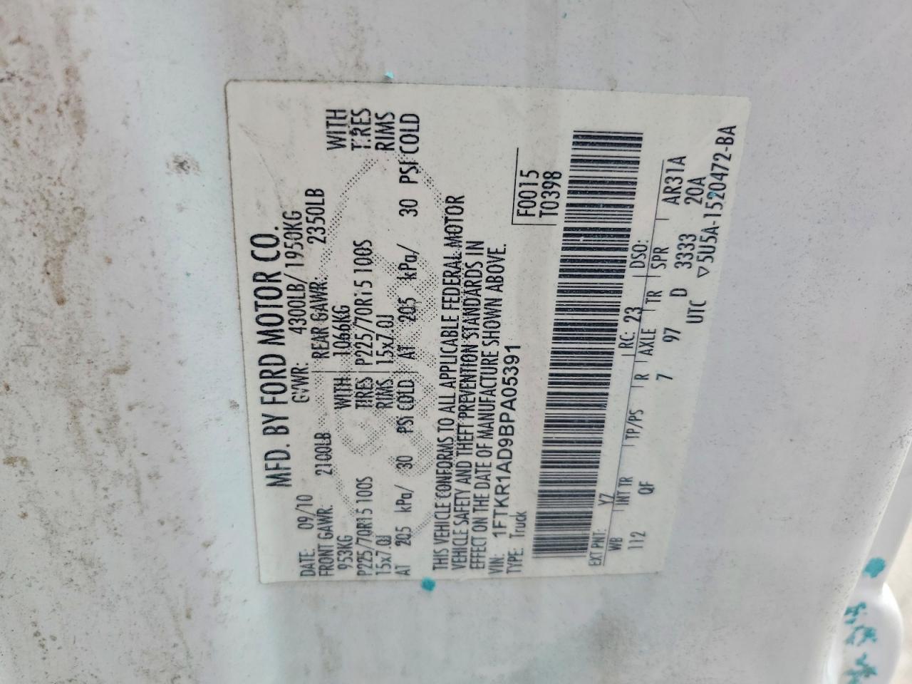 2011 Ford Ranger White vin: 1FTKR1AD9BPA05391