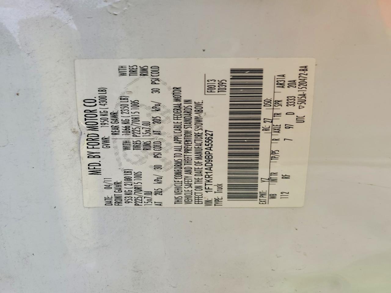 2011 Ford Ranger White vin: 1FTKR1AD9BPA55627