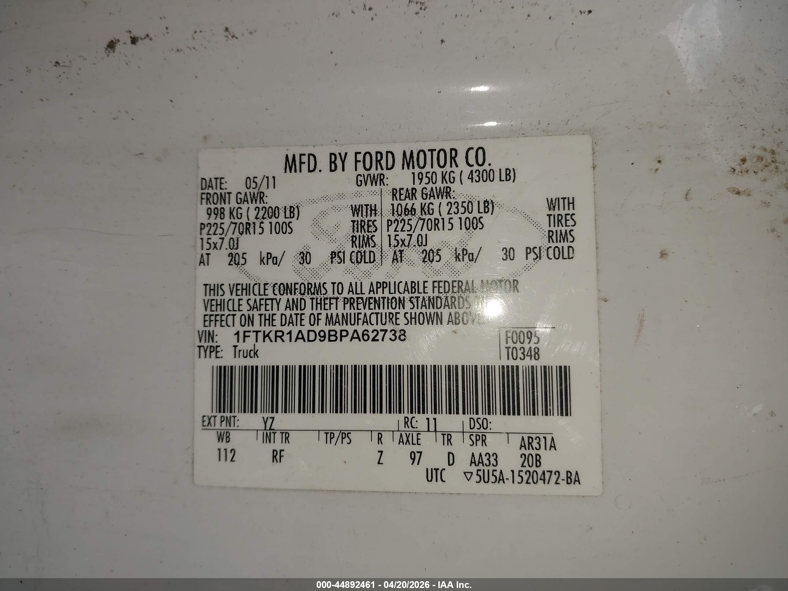 2011 Ford Ranger Xlt White vin: 1FTKR1AD9BPA62738