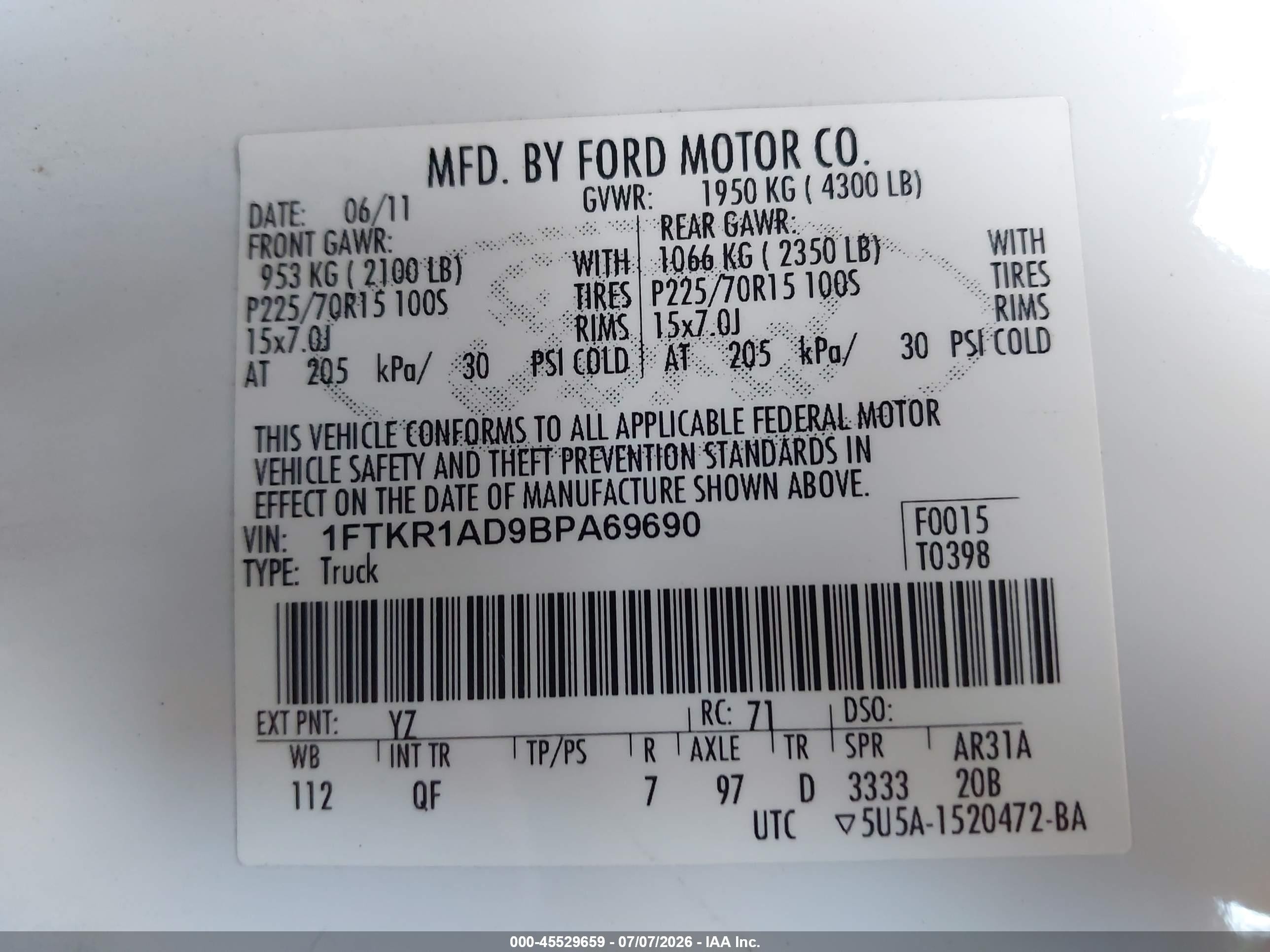 2011 Ford Ranger Xl/xlt Белый vin: 1FTKR1AD9BPA69690