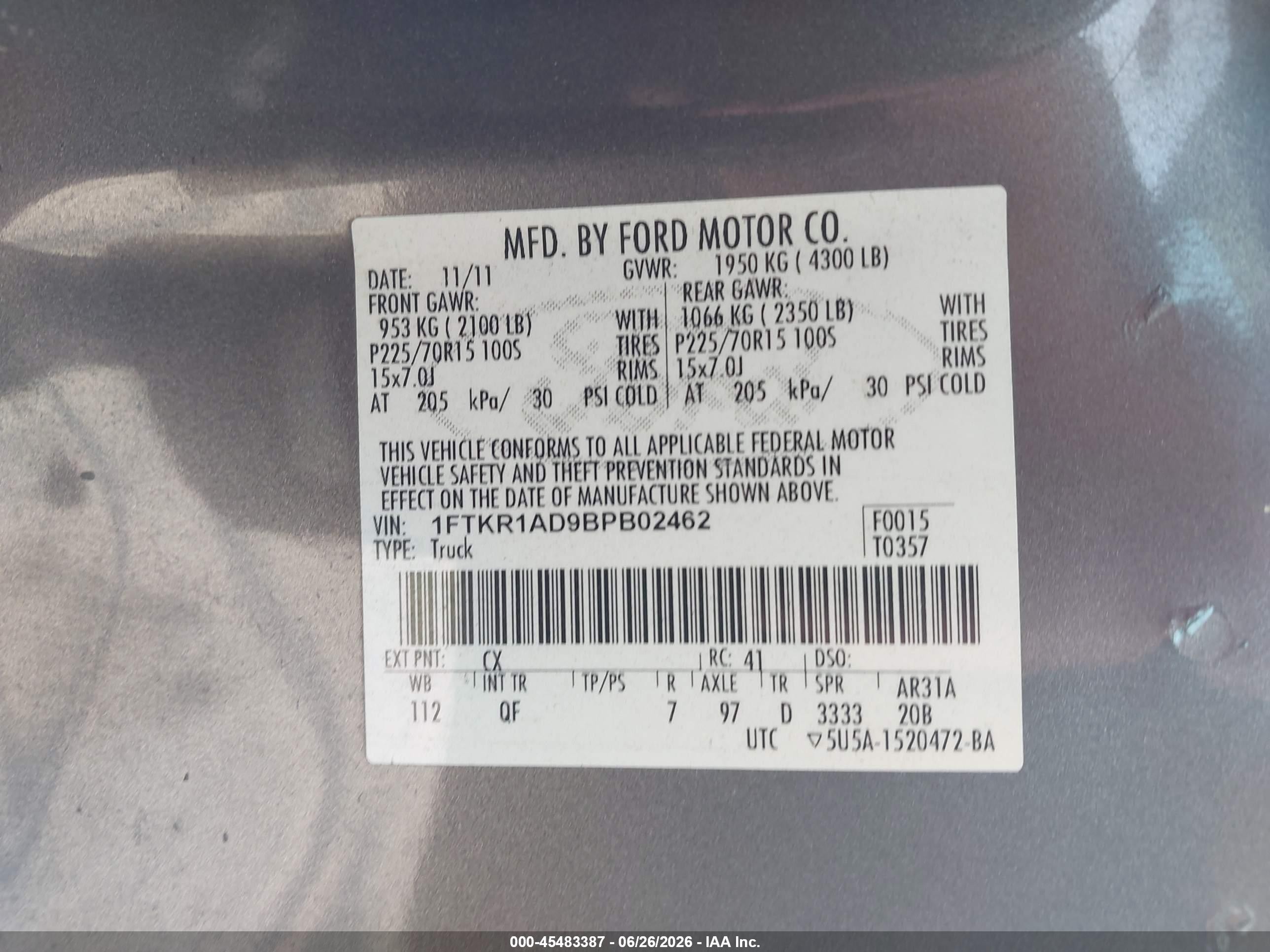 2011 Ford Ranger Xl/xlt Gray vin: 1FTKR1AD9BPB02462
