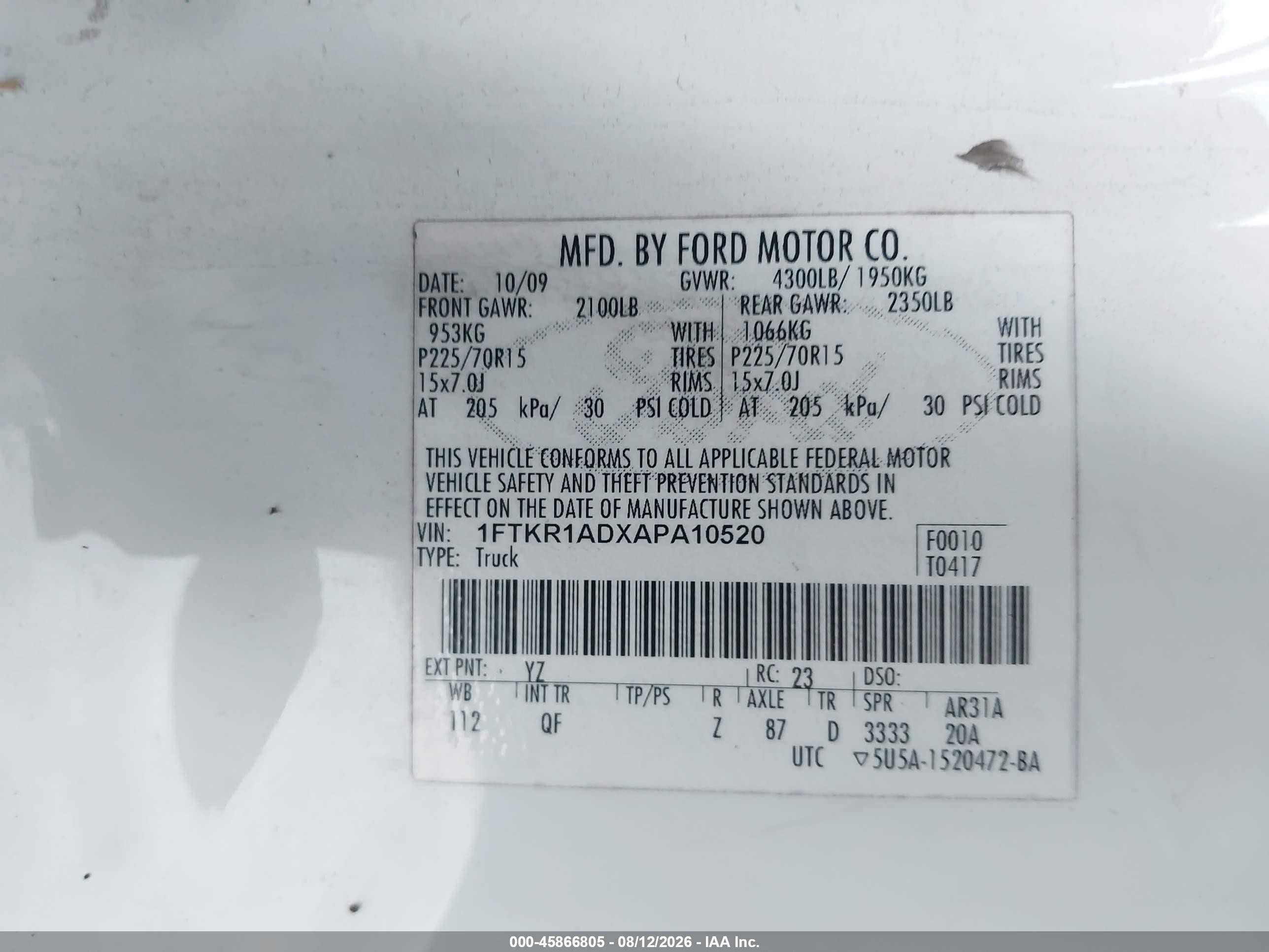 2010 Ford Ranger Xl/xlt White vin: 1FTKR1ADXAPA10520