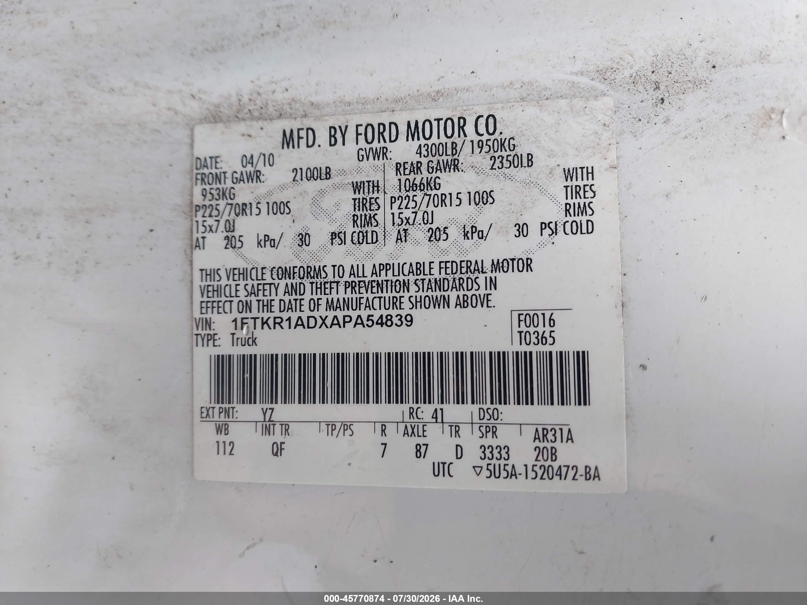 2010 Ford Ranger Xl/xlt White vin: 1FTKR1ADXAPA54839