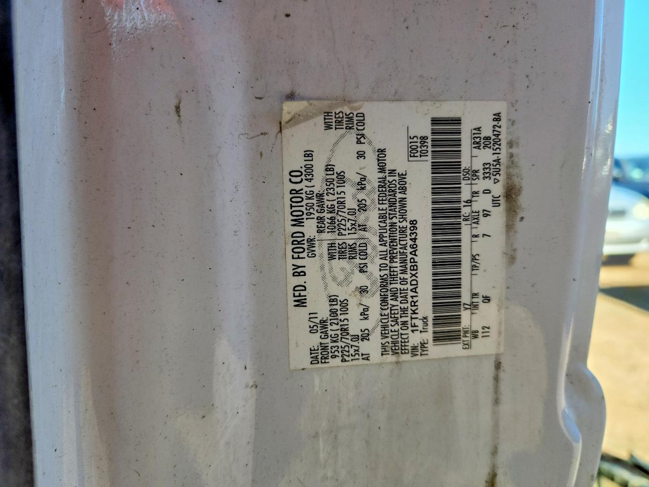 2011 Ford Ranger White vin: 1FTKR1ADXBPA64398