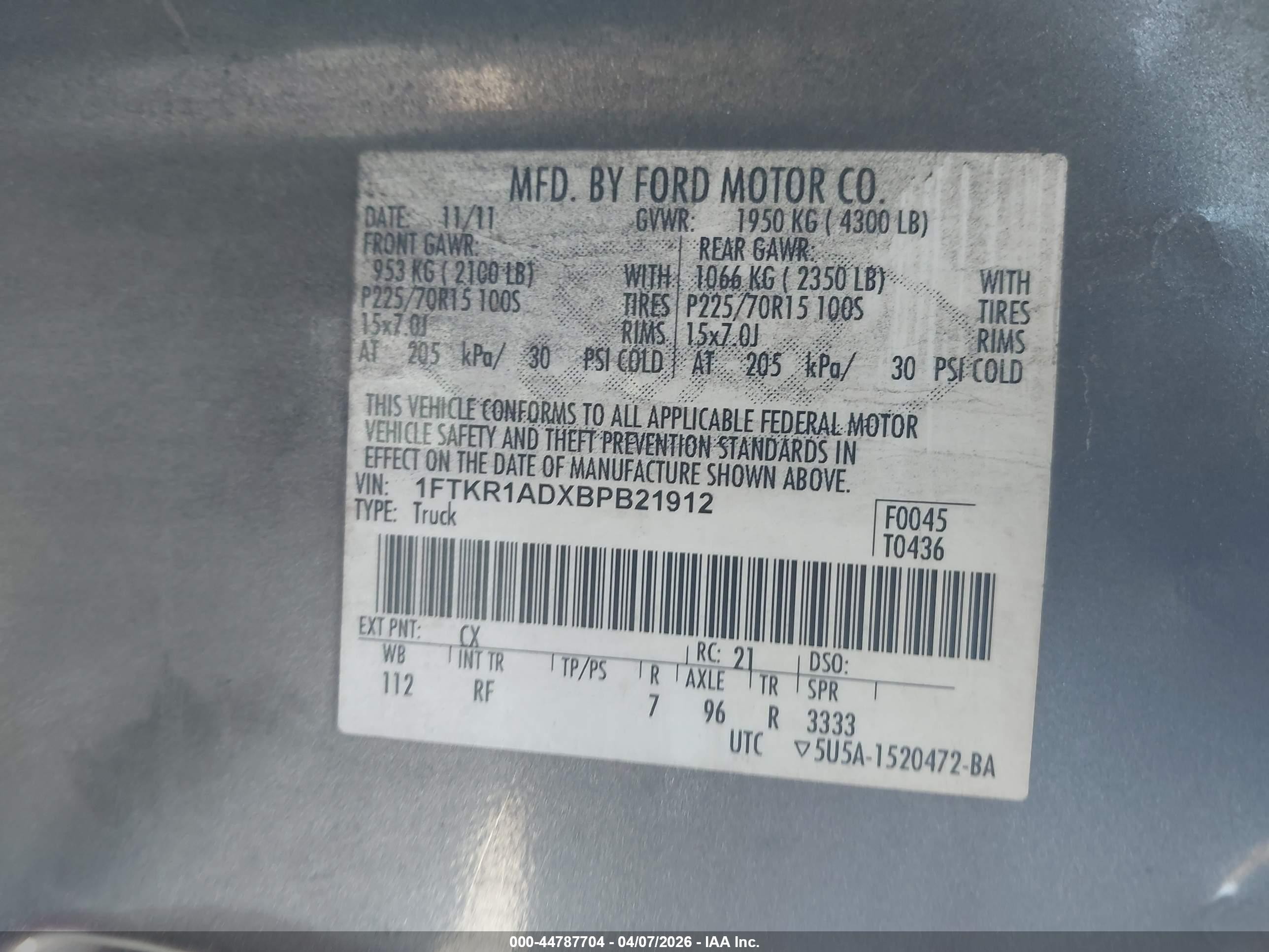 2011 Ford Ranger Xl Gray vin: 1FTKR1ADXBPB21912