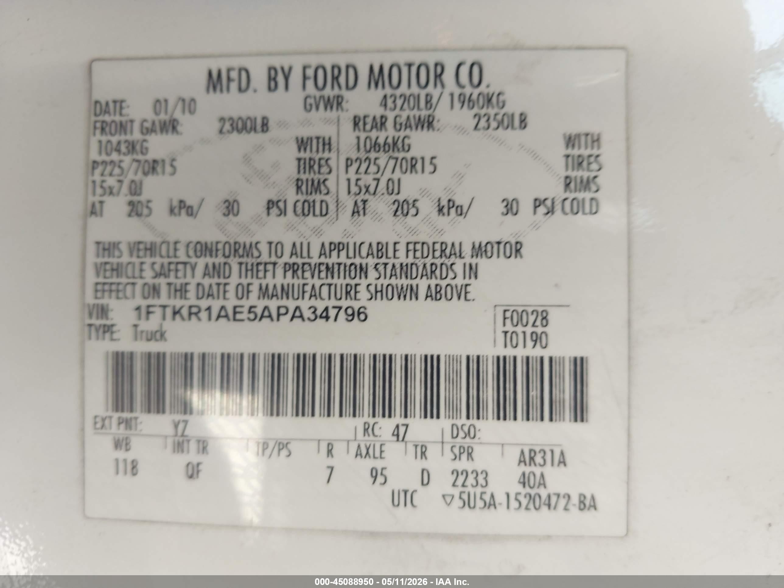 2010 Ford Ranger Xl White vin: 1FTKR1AE5APA34796