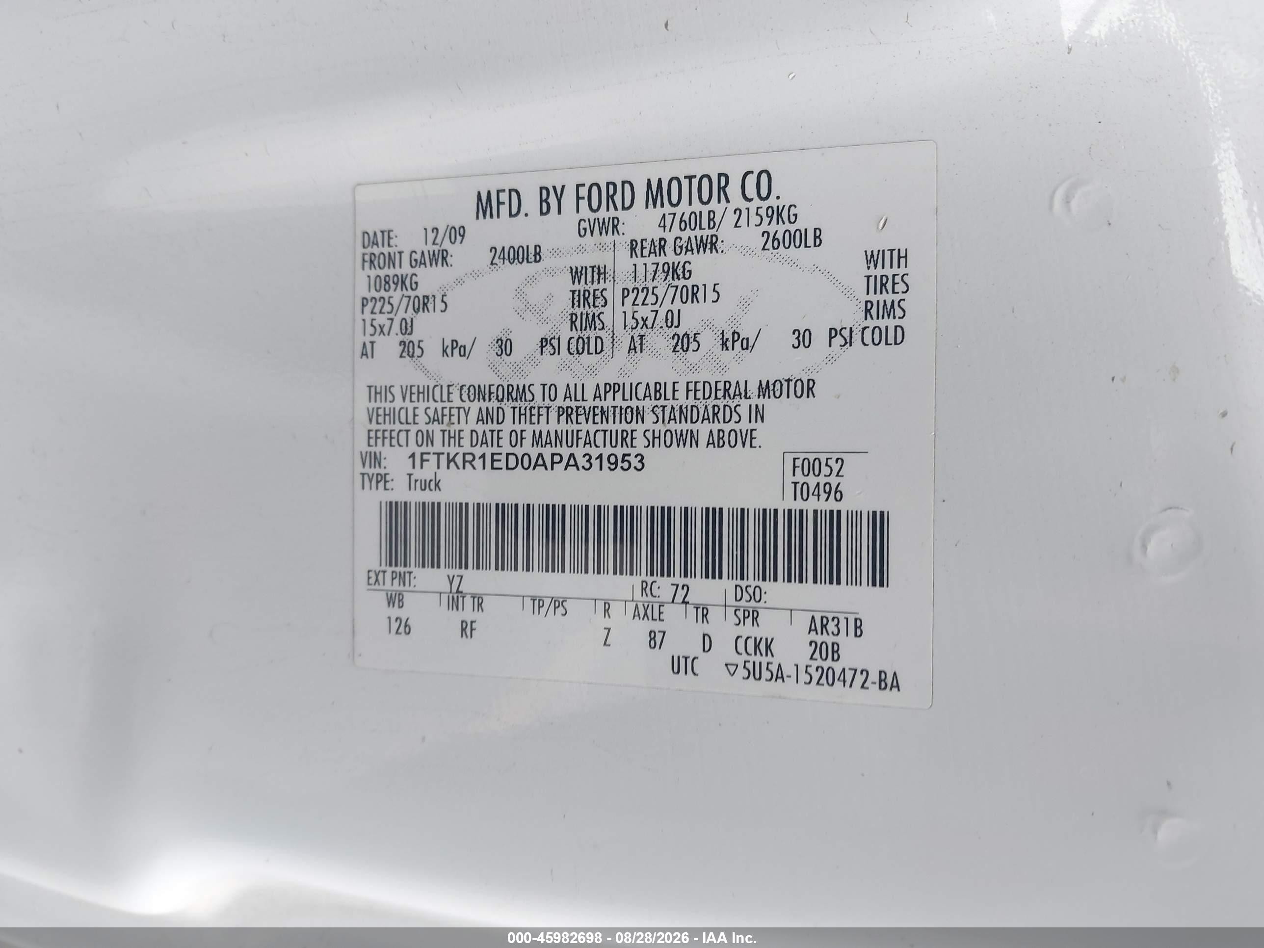 2010 Ford Ranger Xlt White vin: 1FTKR1ED0APA31953