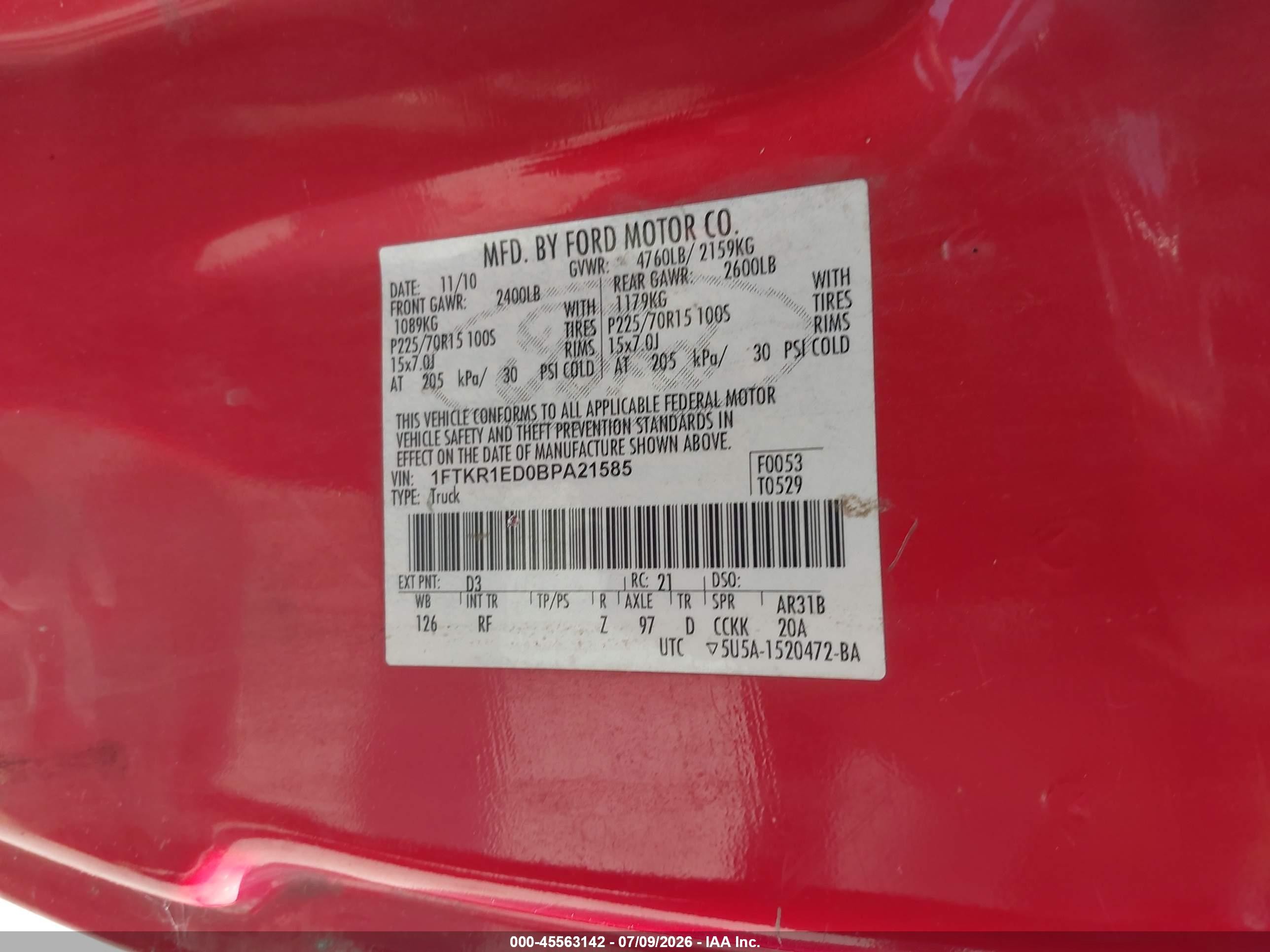 2011 Ford Ranger Xlt Red vin: 1FTKR1ED0BPA21585