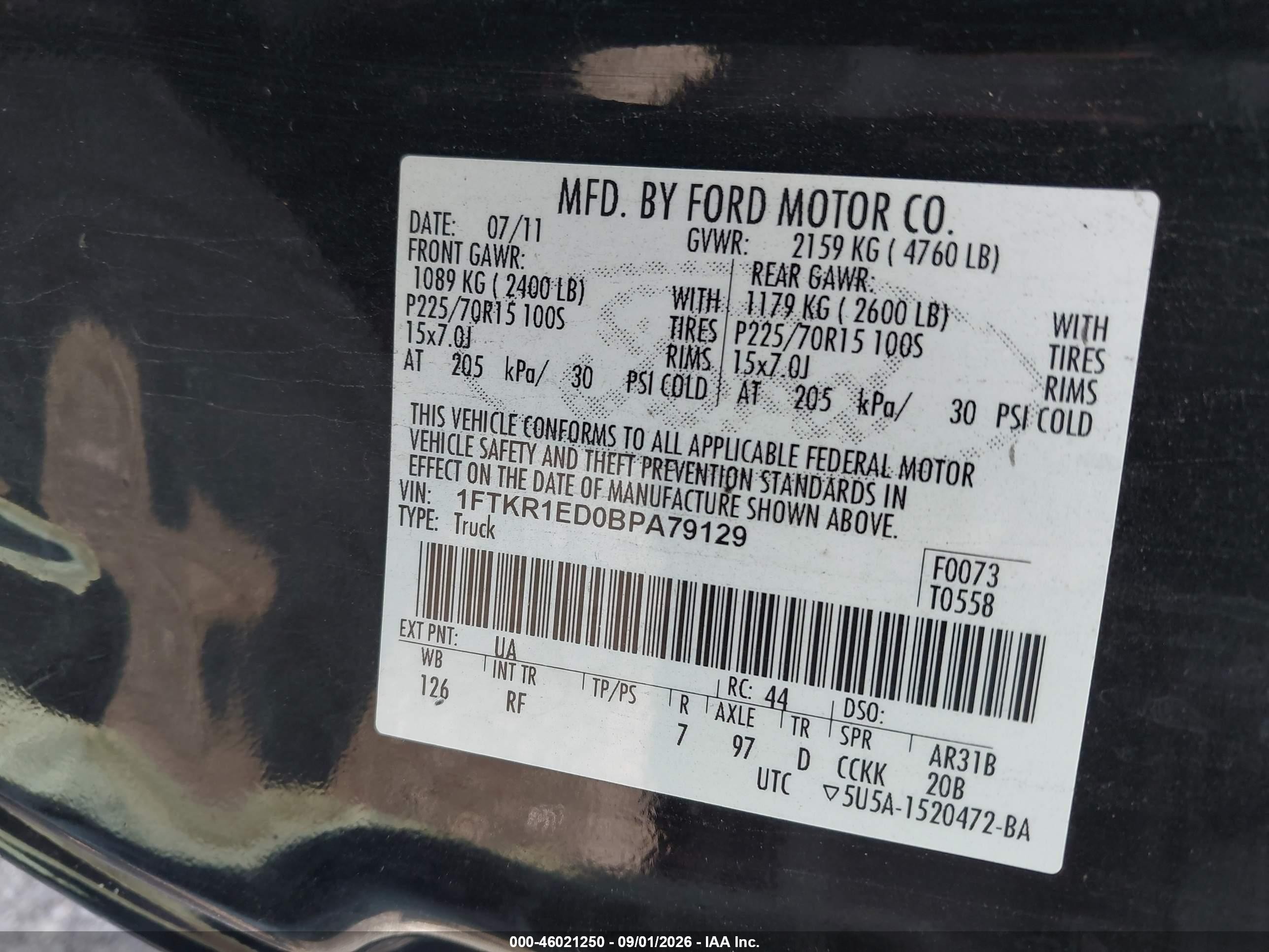 2011 Ford Ranger Xl Black vin: 1FTKR1ED0BPA79129