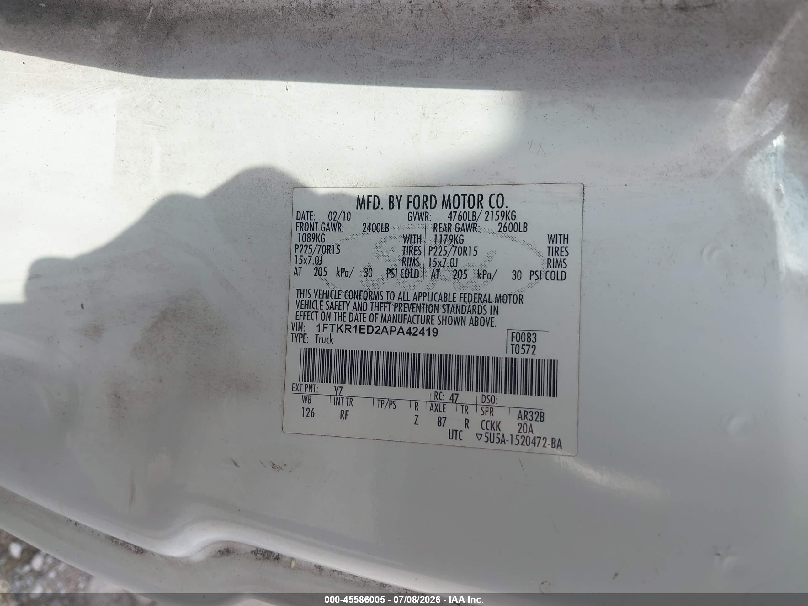 2010 Ford Ranger Xl/xlt White vin: 1FTKR1ED2APA42419