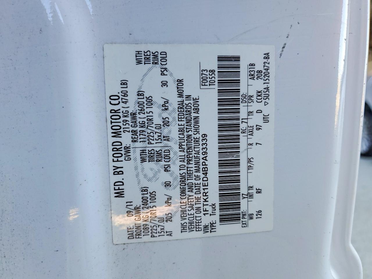 2011 Ford Ranger Super Cab White vin: 1FTKR1ED4BPA93339