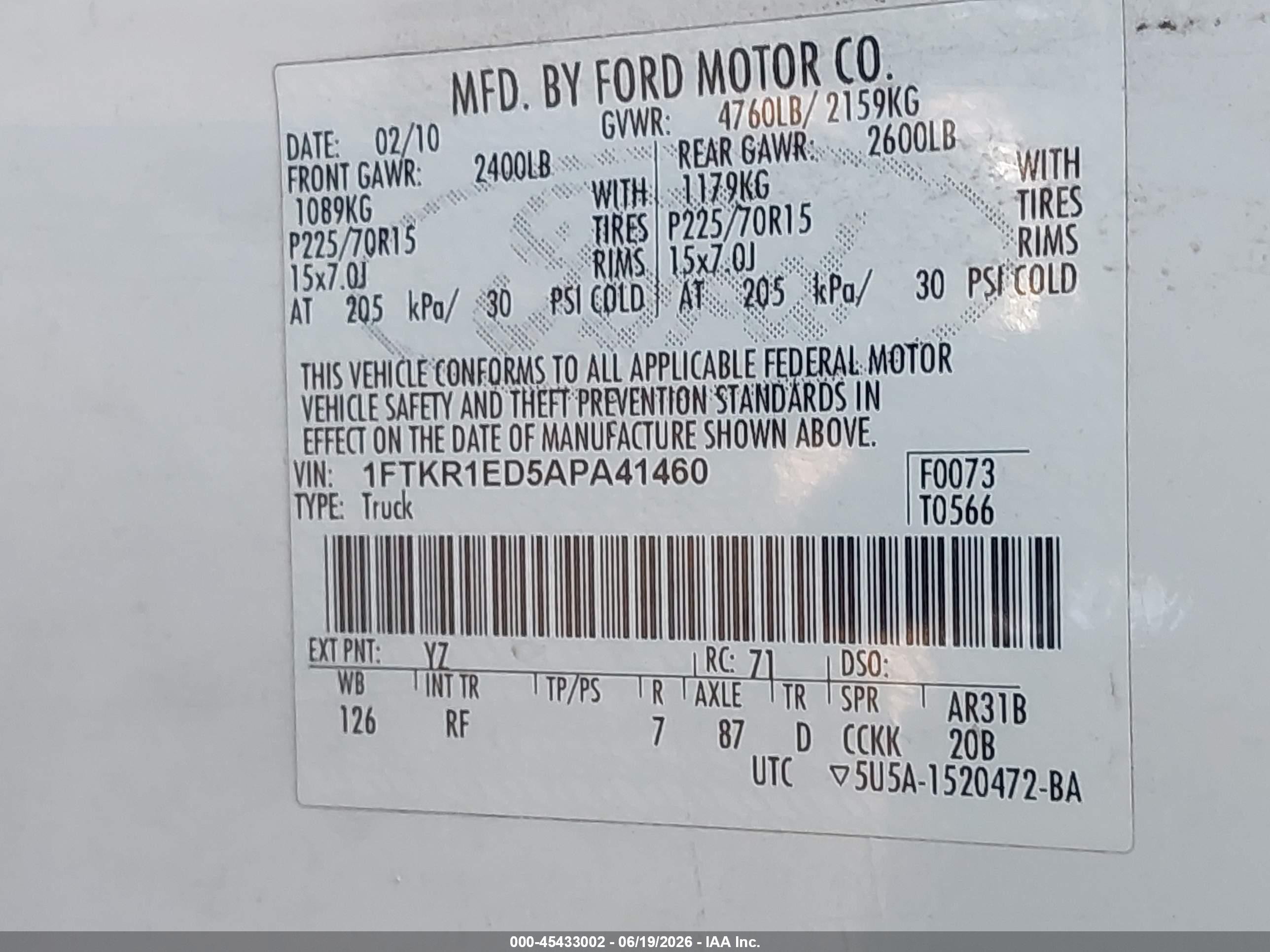 2010 Ford Ranger Xl/xlt White vin: 1FTKR1ED5APA41460