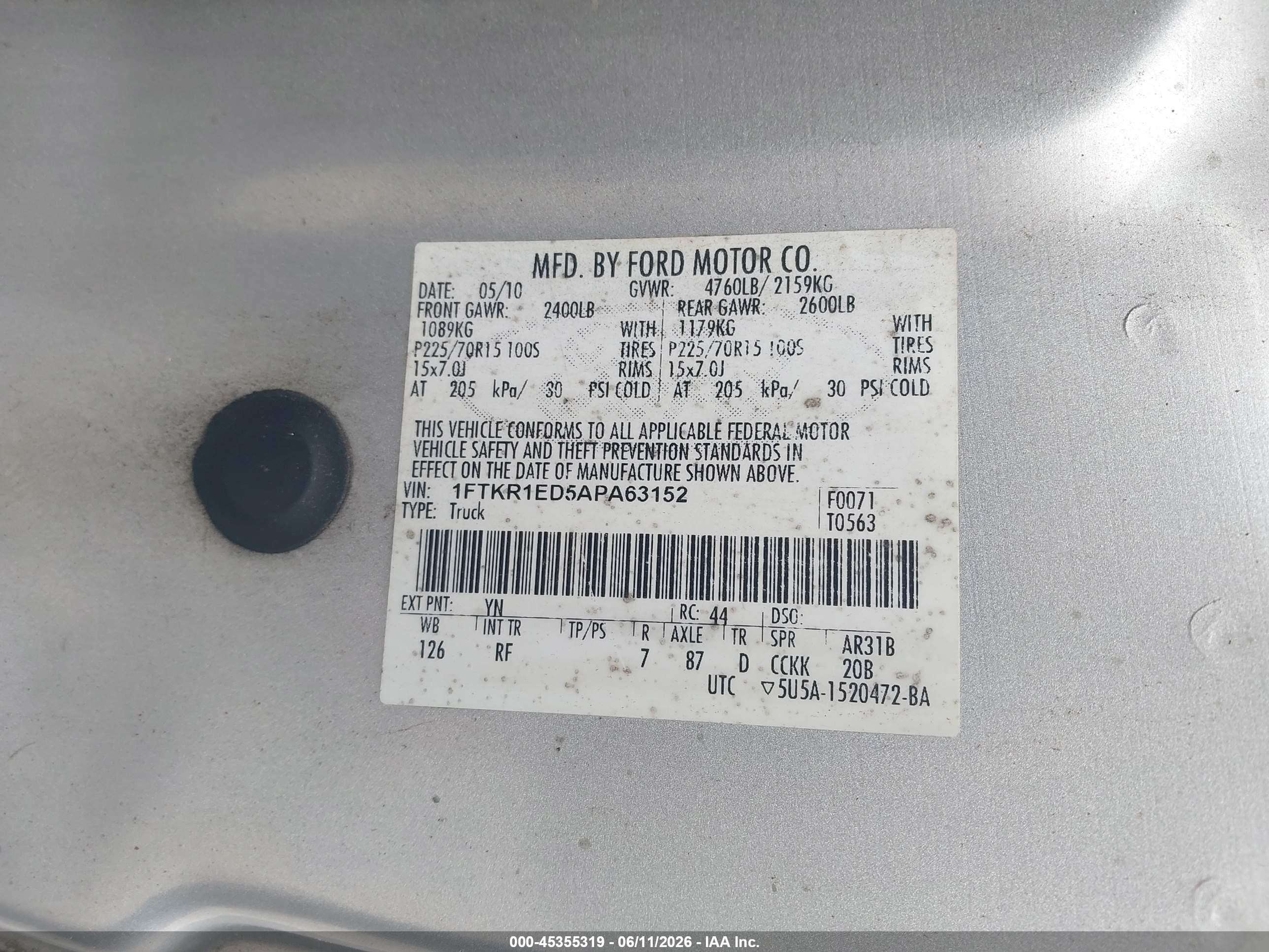 2010 Ford Ranger Xl/xlt Silver vin: 1FTKR1ED5APA63152
