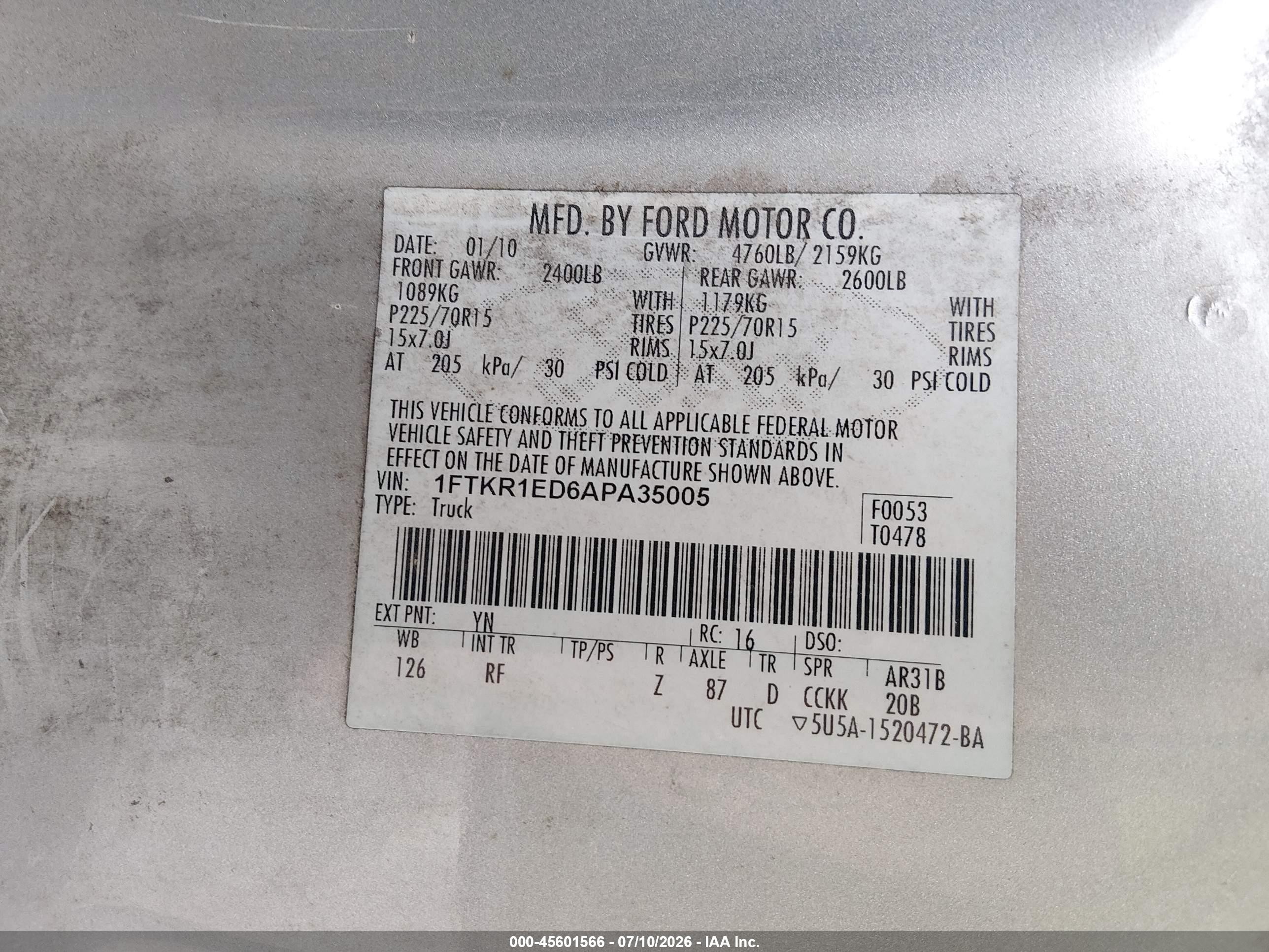 2010 Ford Ranger Xl/xlt Silver vin: 1FTKR1ED6APA35005