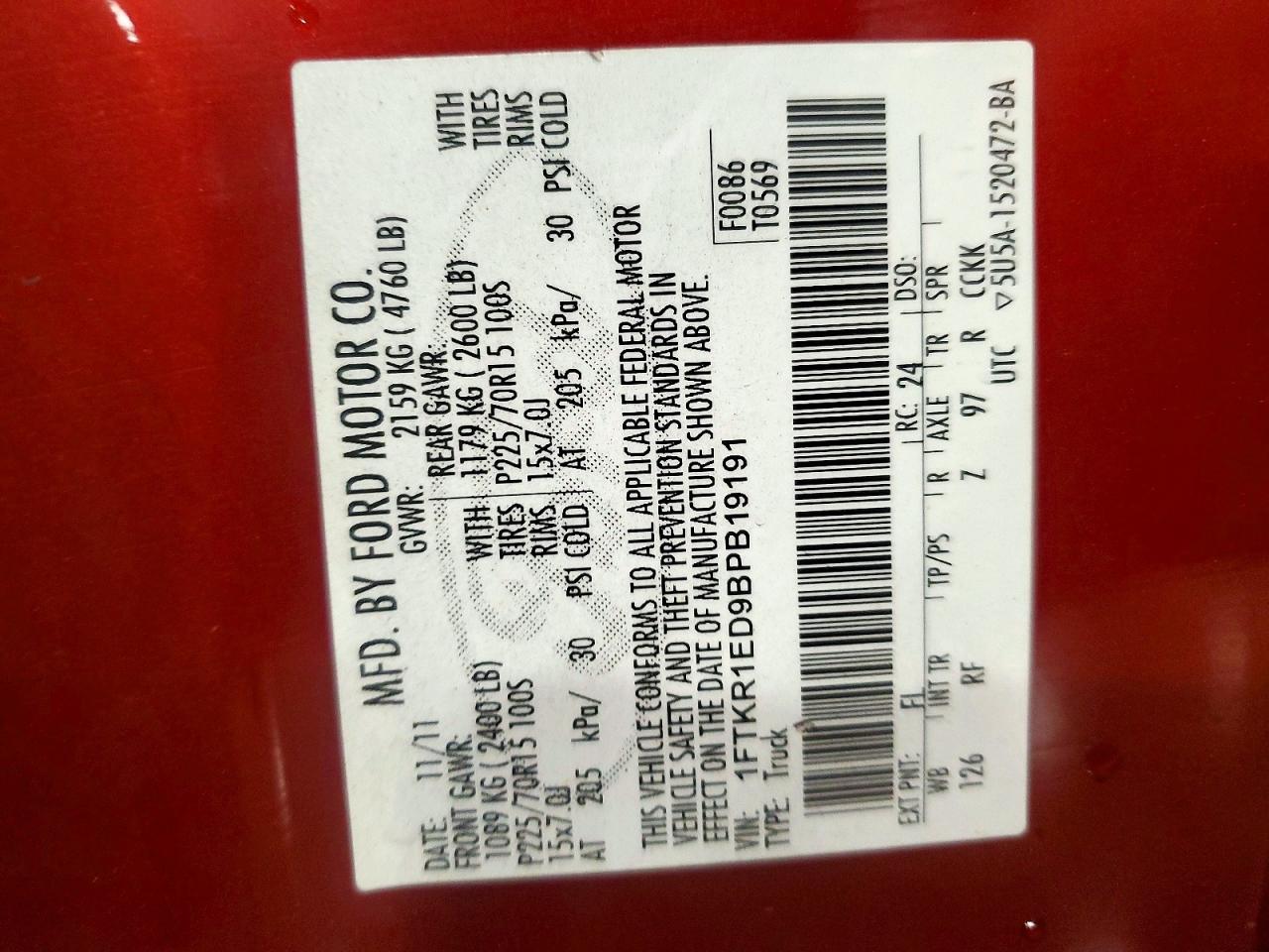 2011 Ford Ranger Super Cab Red vin: 1FTKR1ED9BPB19191