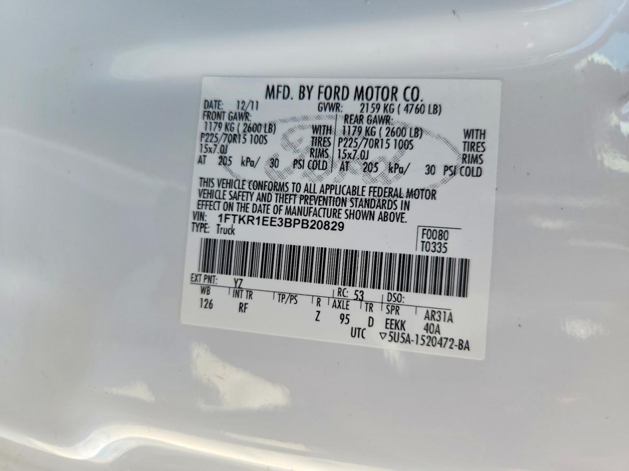 2011 Ford Ranger Super Cab White vin: 1FTKR1EE3BPB20829