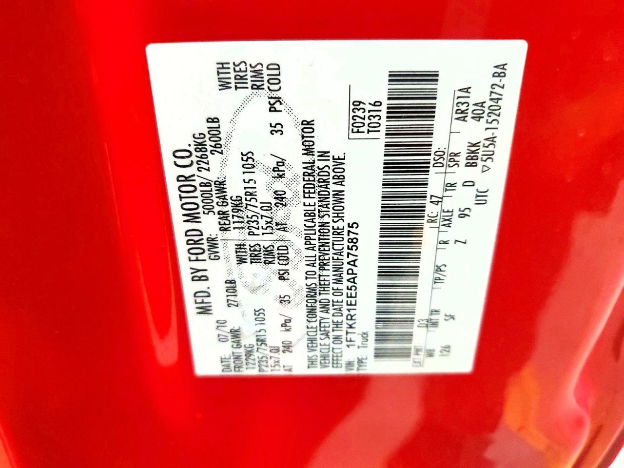 2010 Ford Ranger Super Cab Red vin: 1FTKR1EE5APA75875