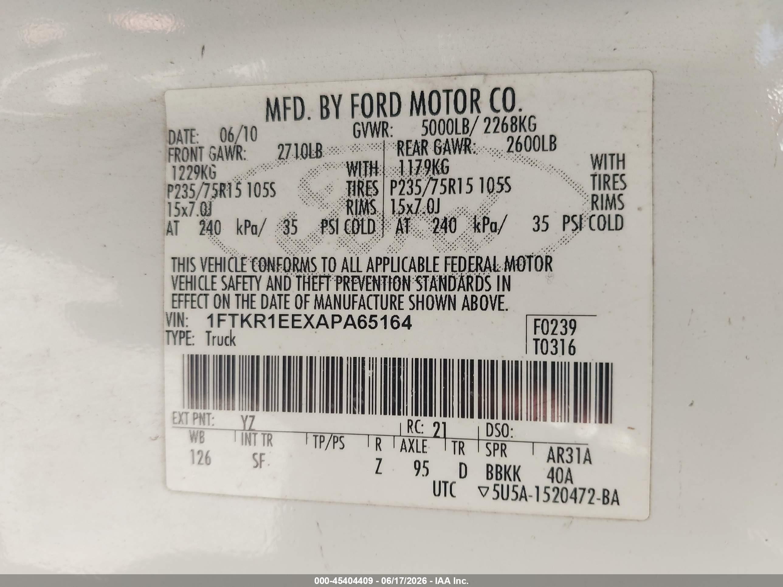 2010 Ford Ranger   White vin: 1FTKR1EEXAPA65164