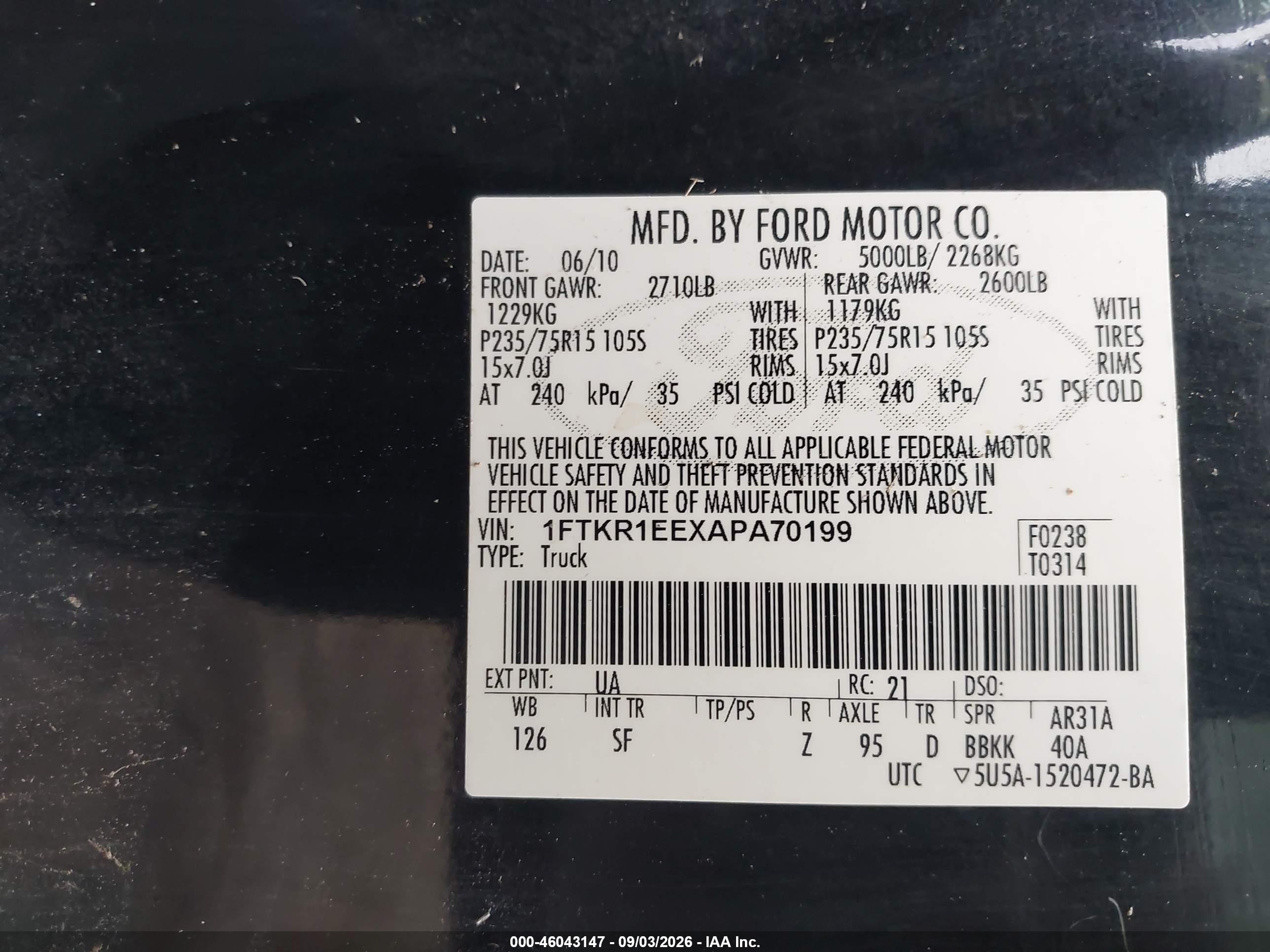 2010 Ford Ranger Sport/xl/xlt Black vin: 1FTKR1EEXAPA70199