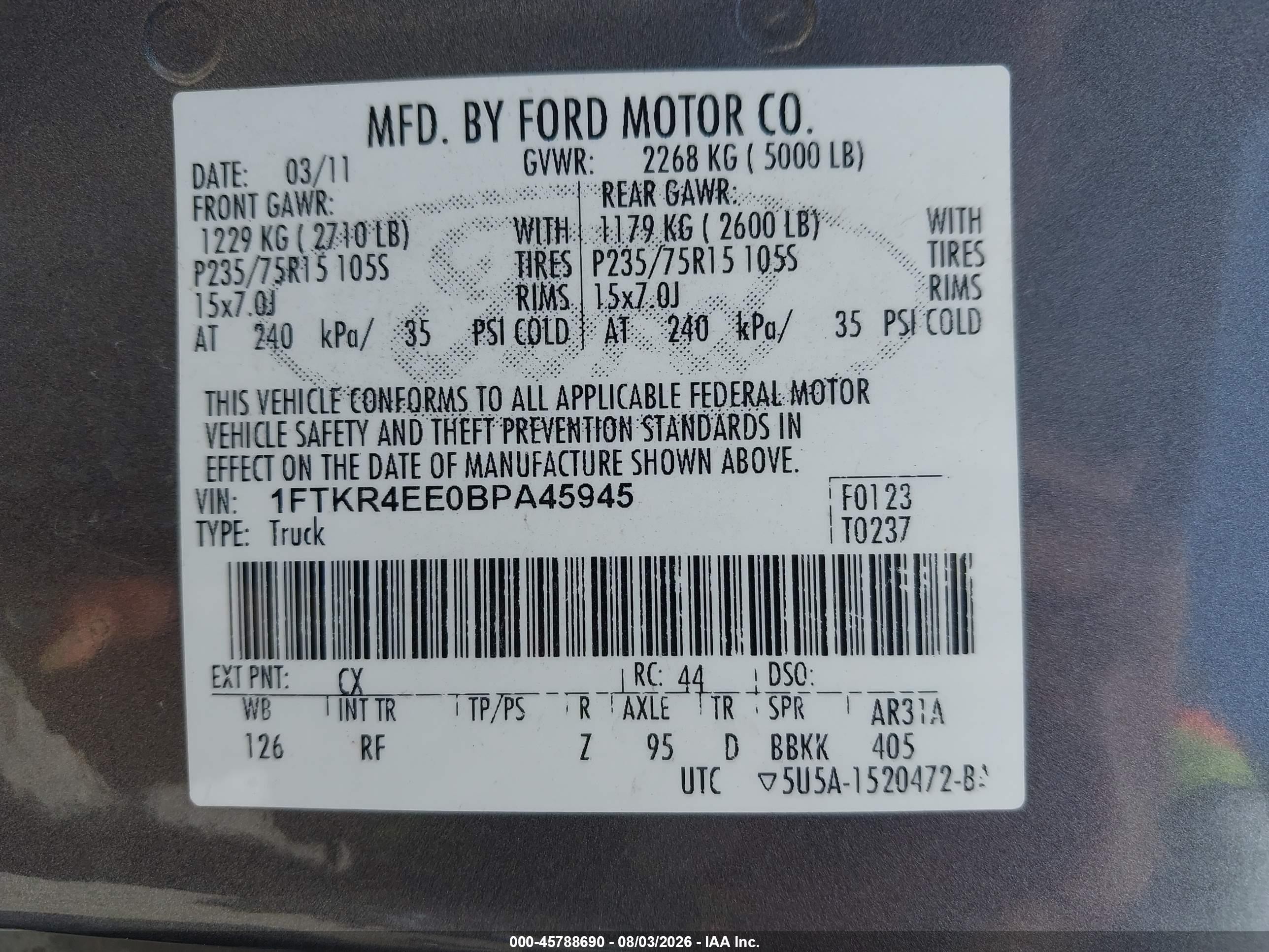 2011 Ford Ranger Sport Gray vin: 1FTKR4EE0BPA45945
