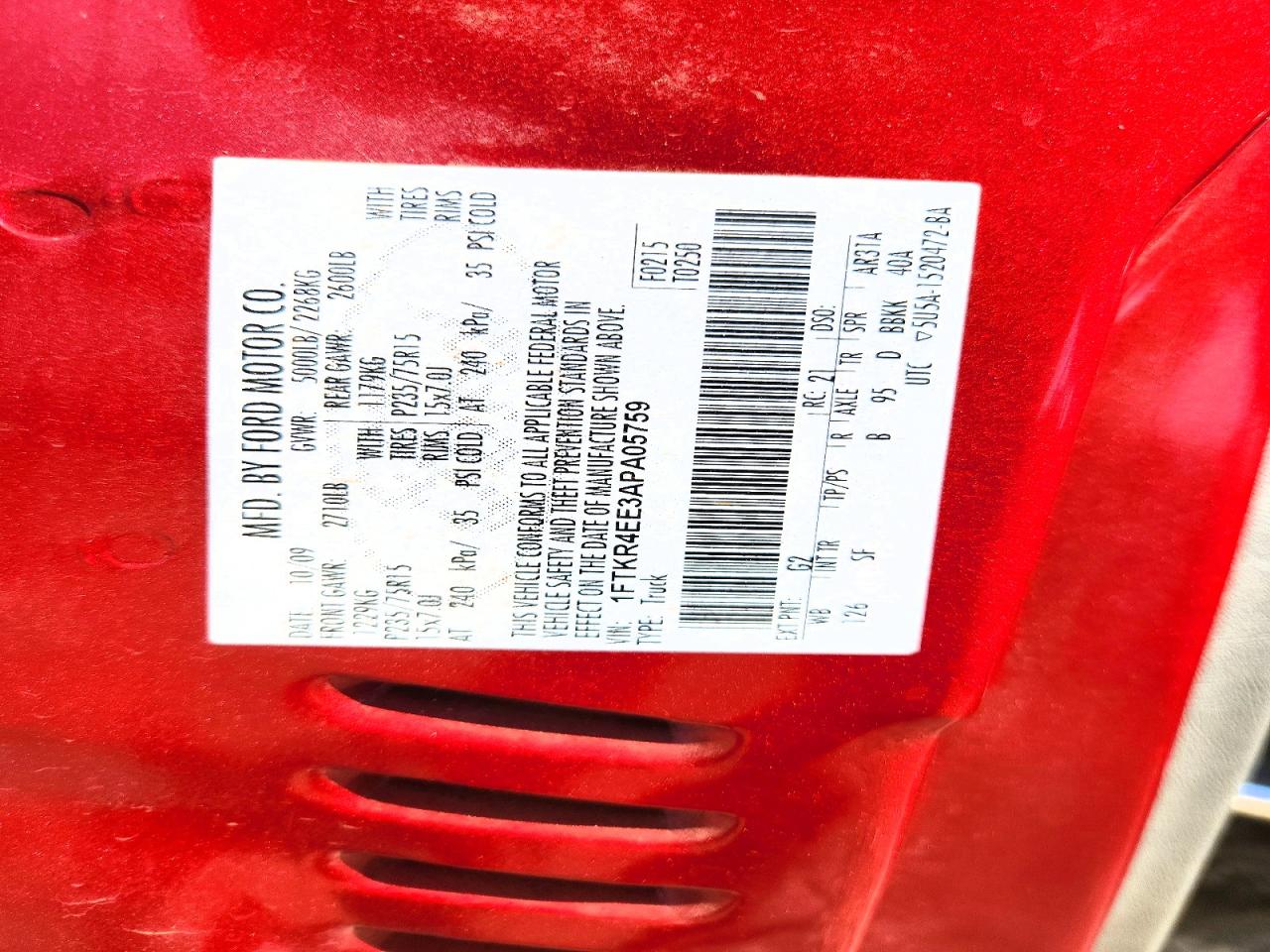 2010 Ford Ranger Super Cab Red vin: 1FTKR4EE3APA05759