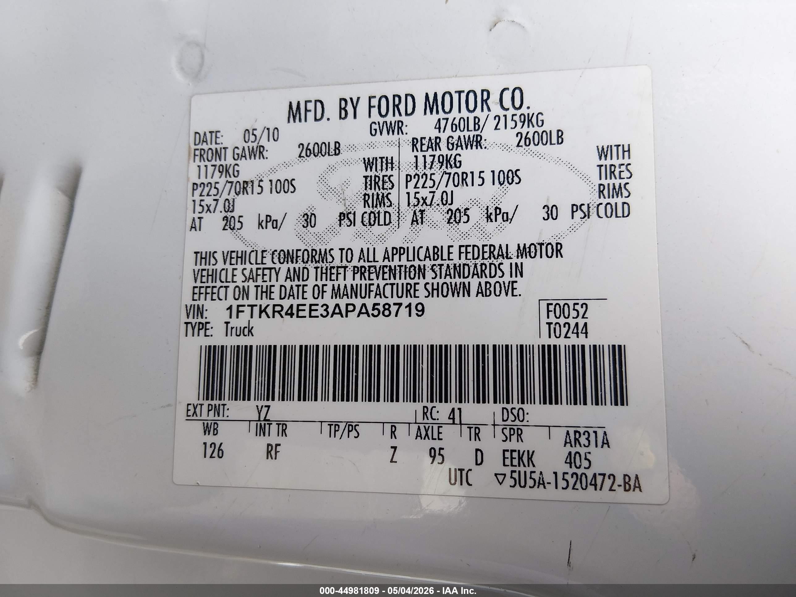 2010 Ford Ranger Sport/xlt Белый vin: 1FTKR4EE3APA58719