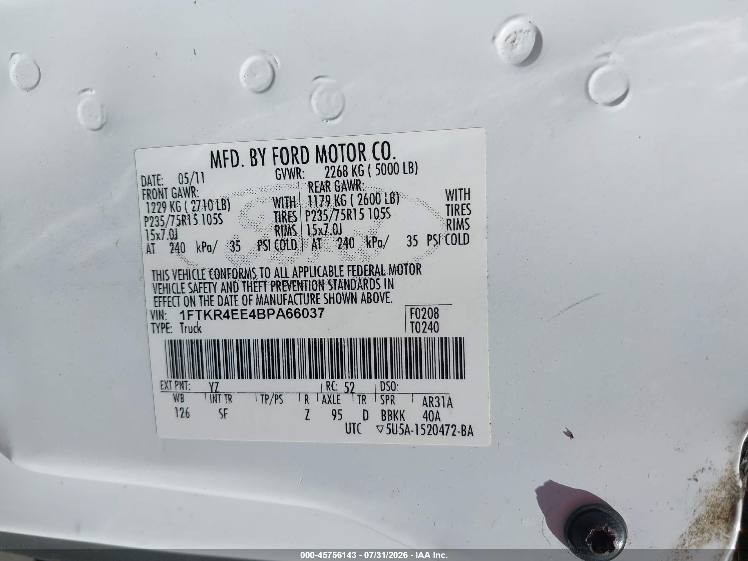 2011 Ford Ranger Sport White vin: 1FTKR4EE4BPA66037