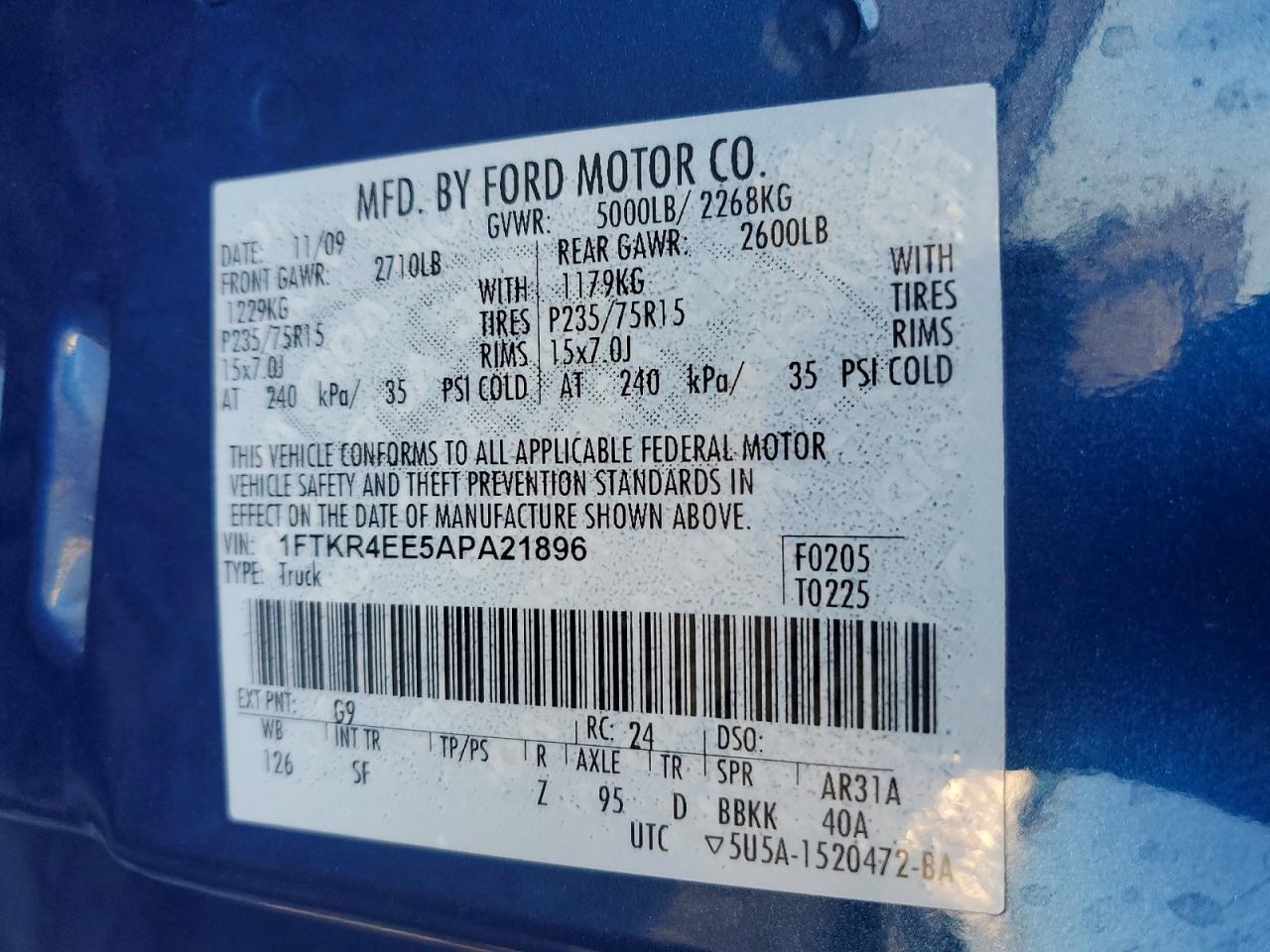 2010 Ford Ranger Super Cab Blue vin: 1FTKR4EE5APA21896