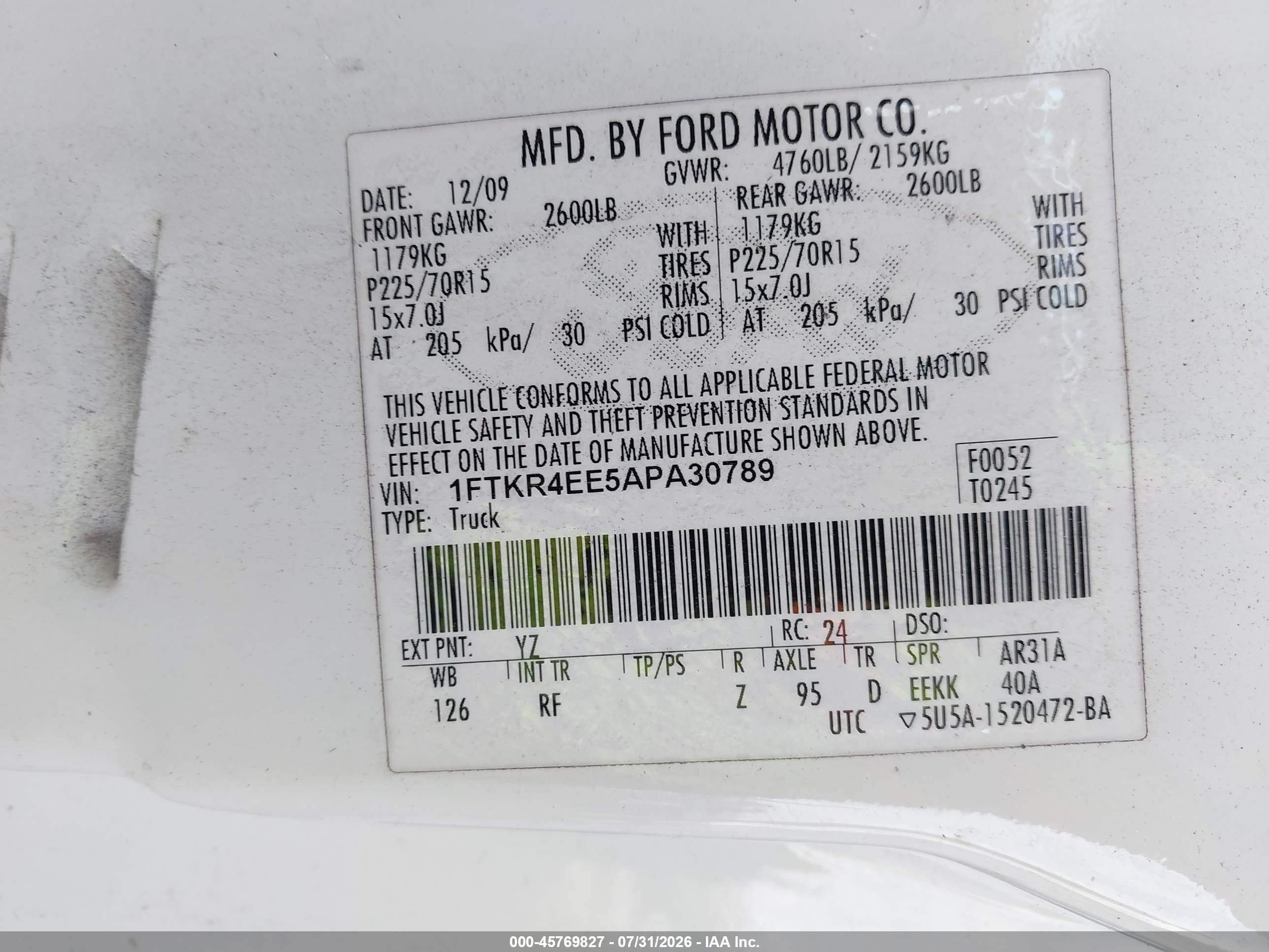 2010 Ford Ranger Sport/xlt White vin: 1FTKR4EE5APA30789