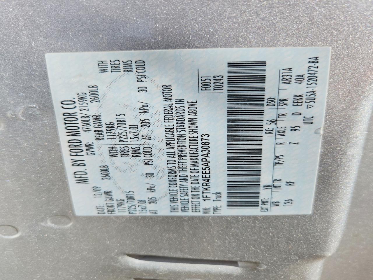 2010 Ford Ranger Super Cab Silver vin: 1FTKR4EE5APA30873