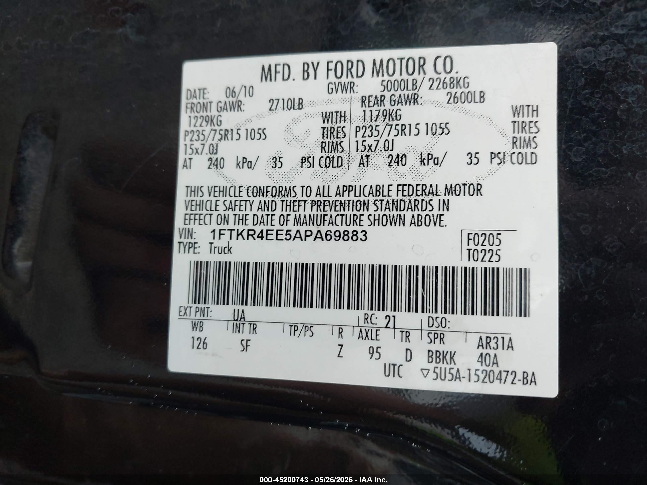 2010 Ford Ranger Sport/xlt Black vin: 1FTKR4EE5APA69883