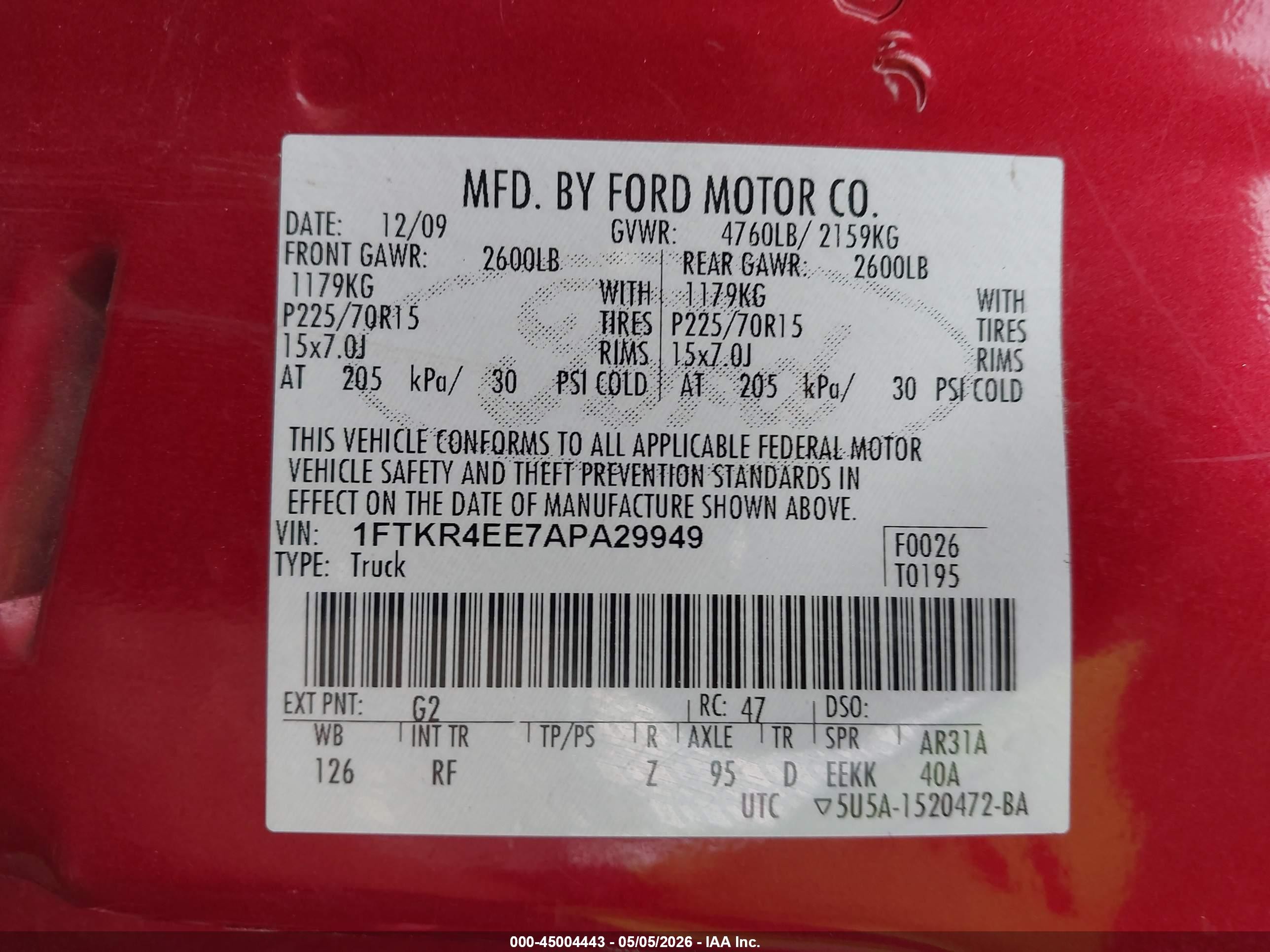 2010 Ford Ranger Sport/xlt Красный vin: 1FTKR4EE7APA29949