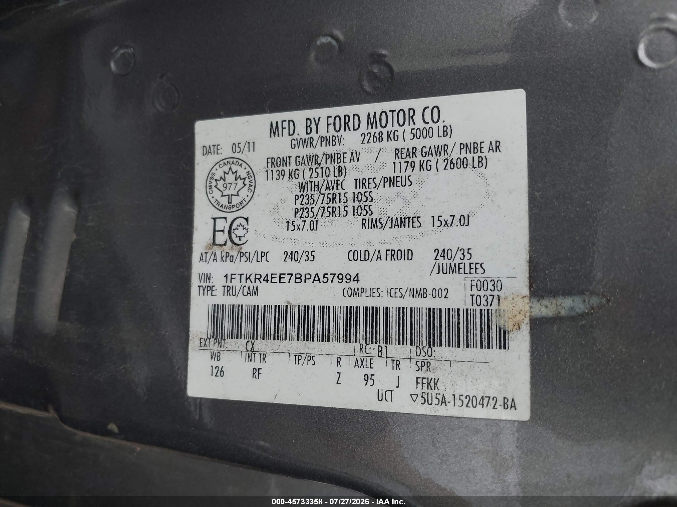 2011 Ford Ranger Sport Gray vin: 1FTKR4EE7BPA57994