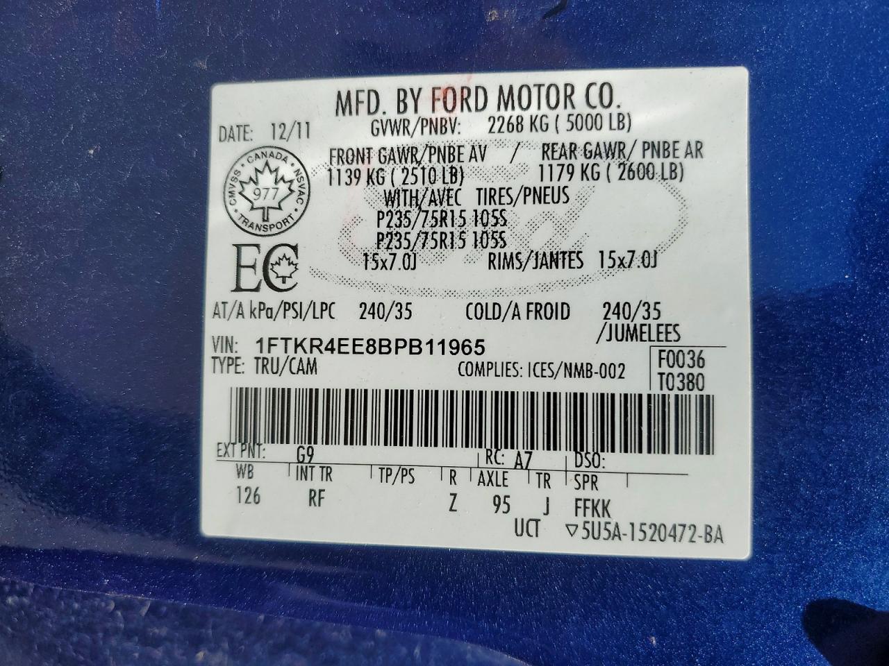 2011 Ford Ranger Super Cab Blue vin: 1FTKR4EE8BPB11965