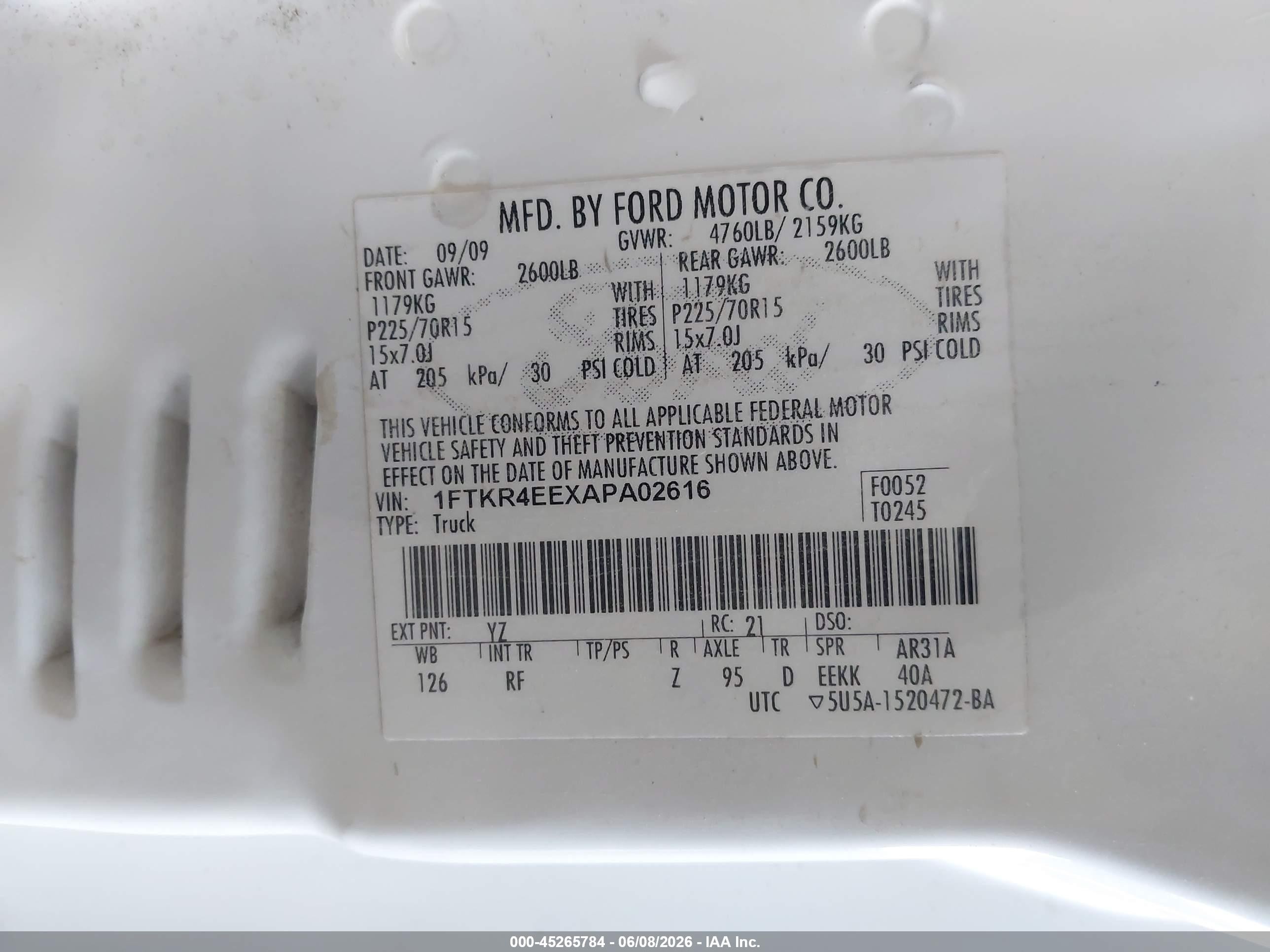 2010 Ford Ranger Sport/xlt White vin: 1FTKR4EEXAPA02616