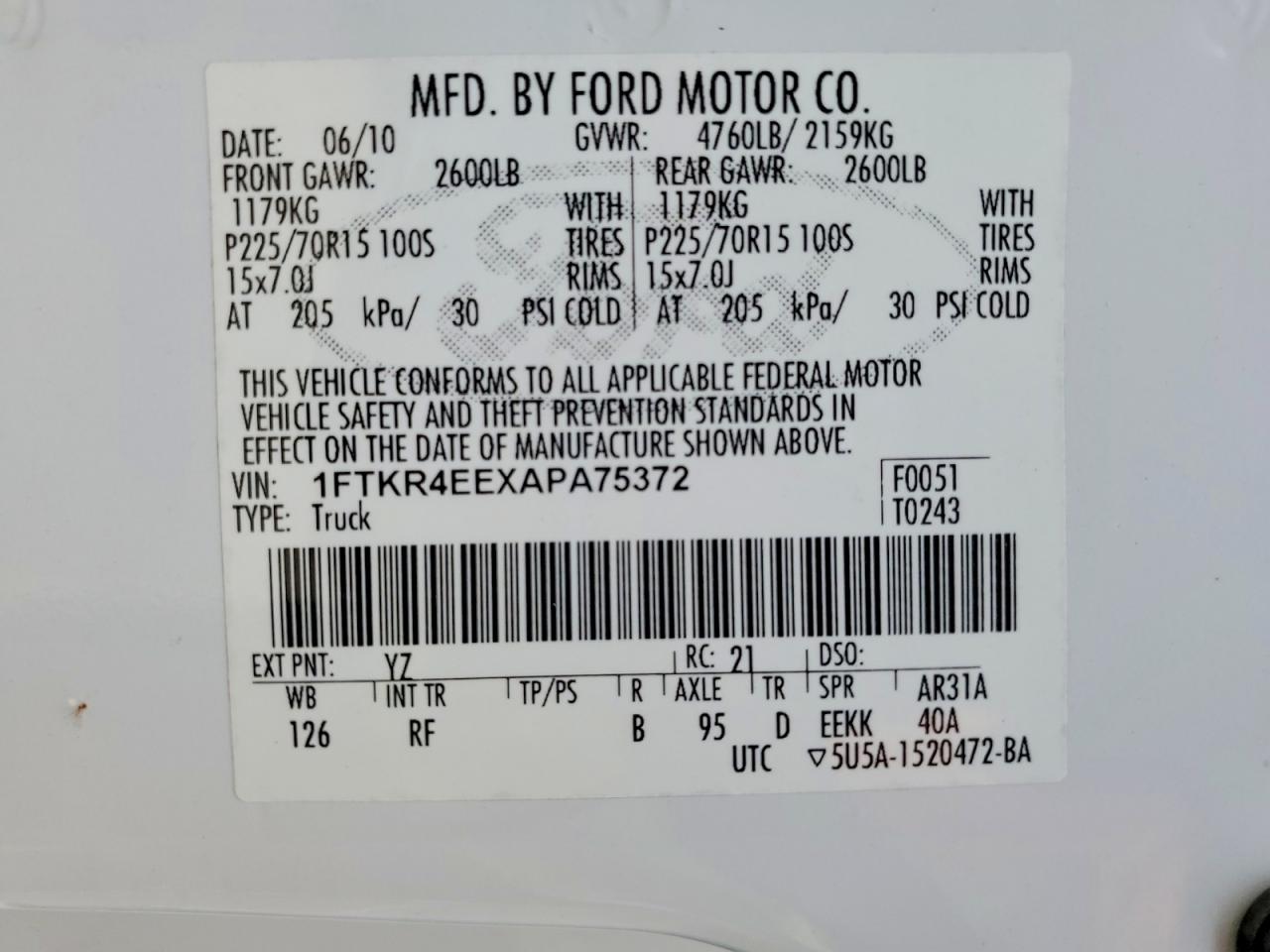 2010 Ford Ranger Super Cab White vin: 1FTKR4EEXAPA75372