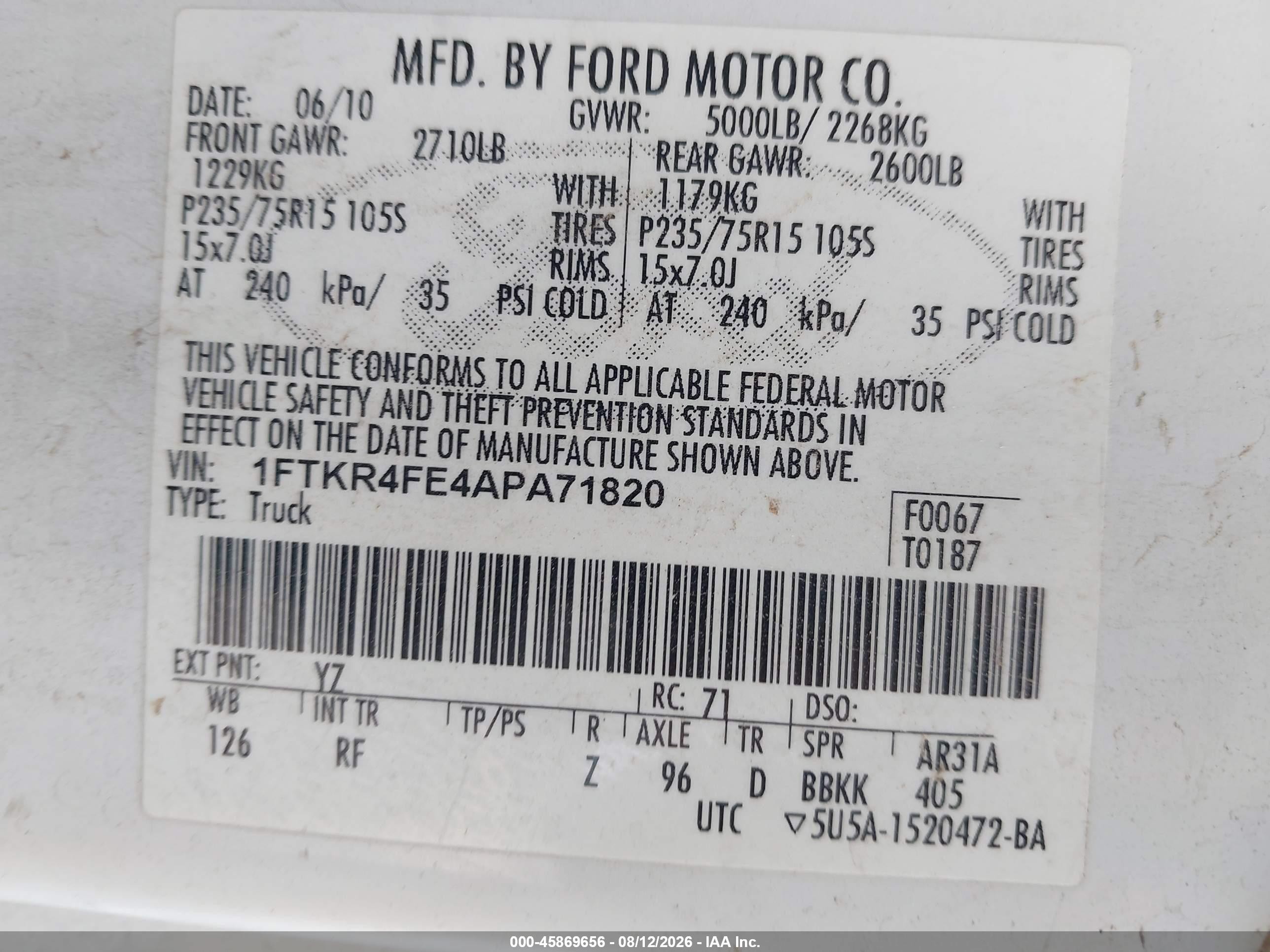 2010 Ford Ranger Sport/xlt White vin: 1FTKR4FE4APA71820