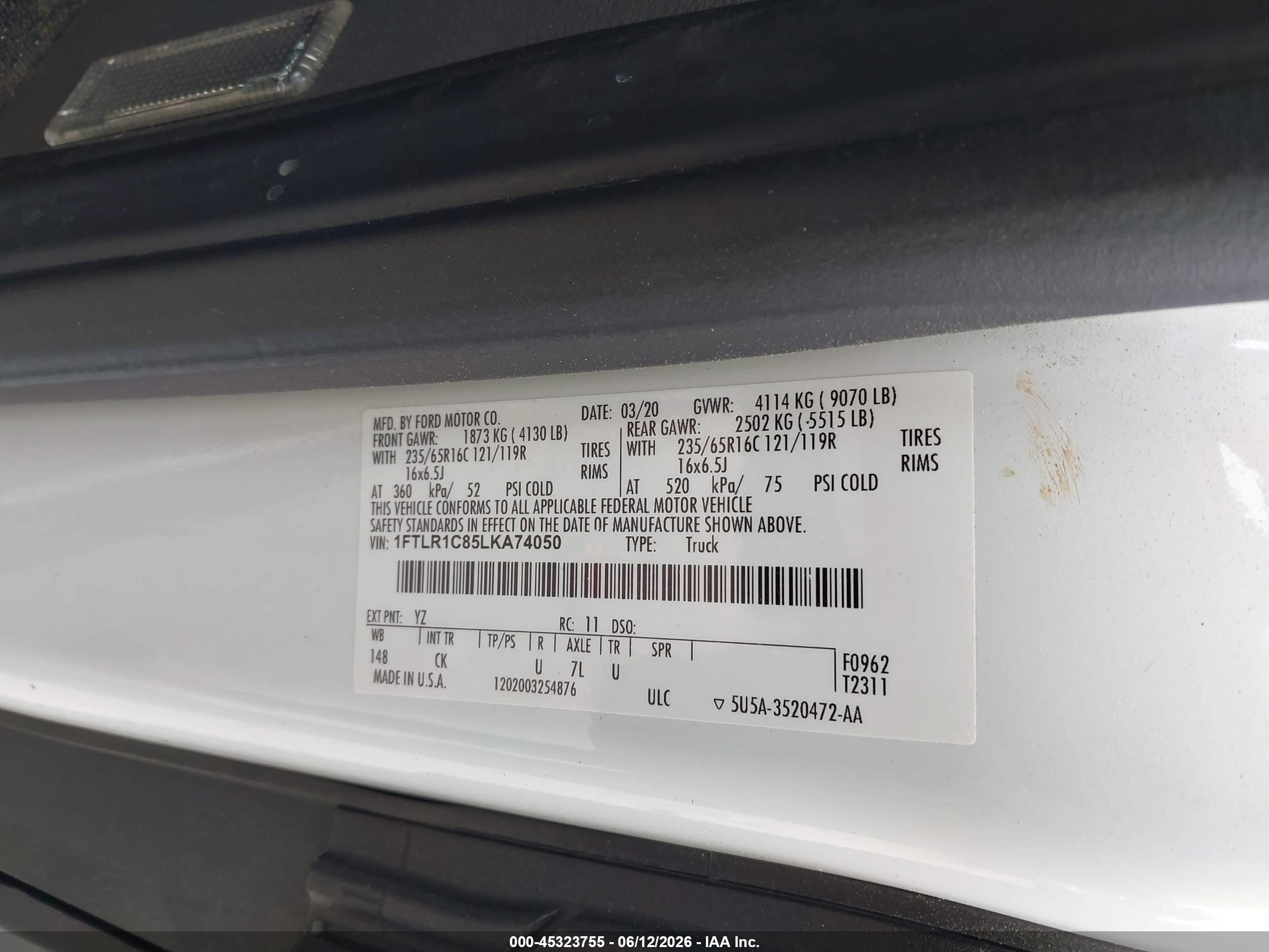 2020 Ford Transit-250   White vin: 1FTLR1C85LKA74050