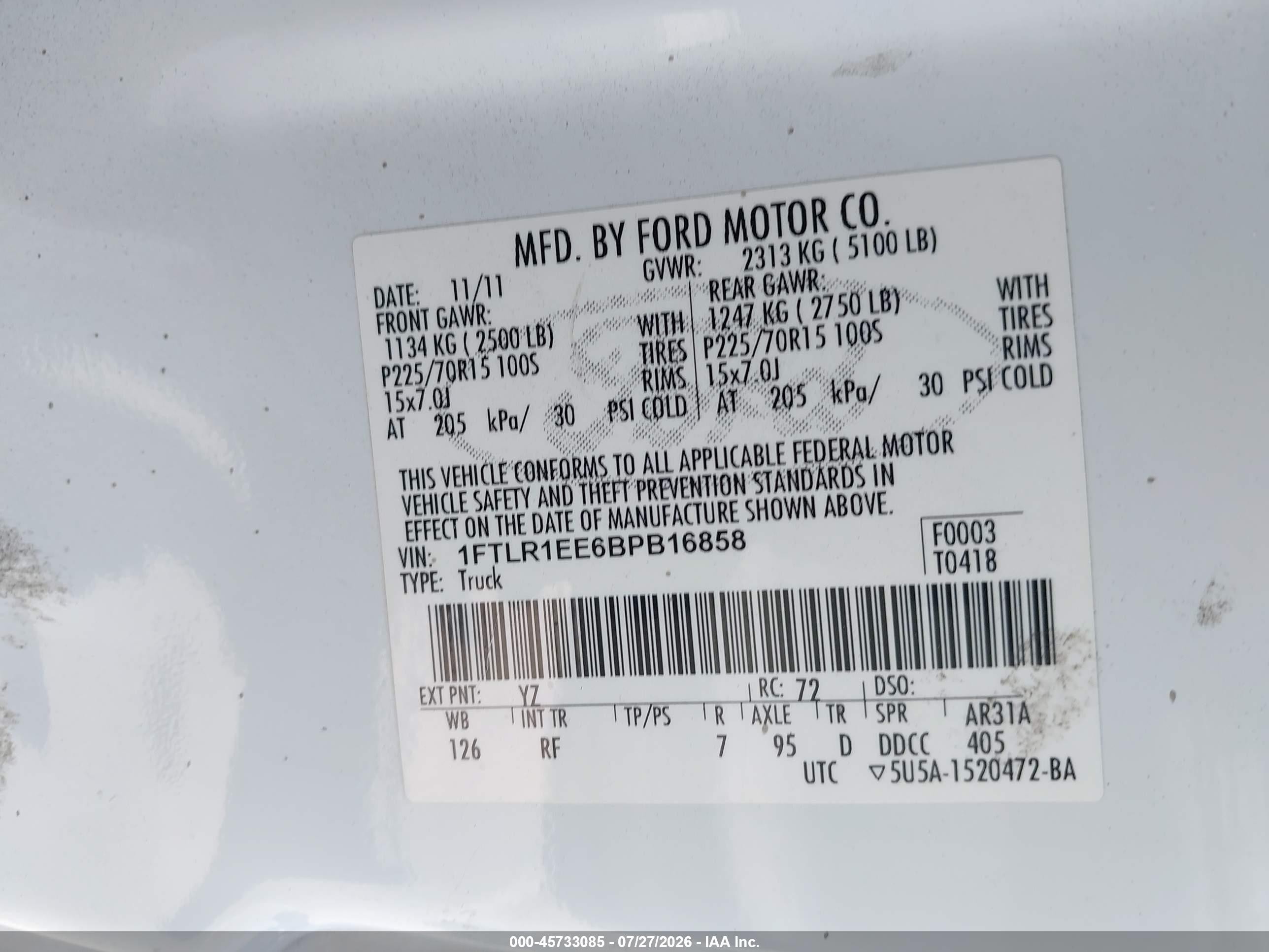 2011 Ford Ranger Xl White vin: 1FTLR1EE6BPB16858