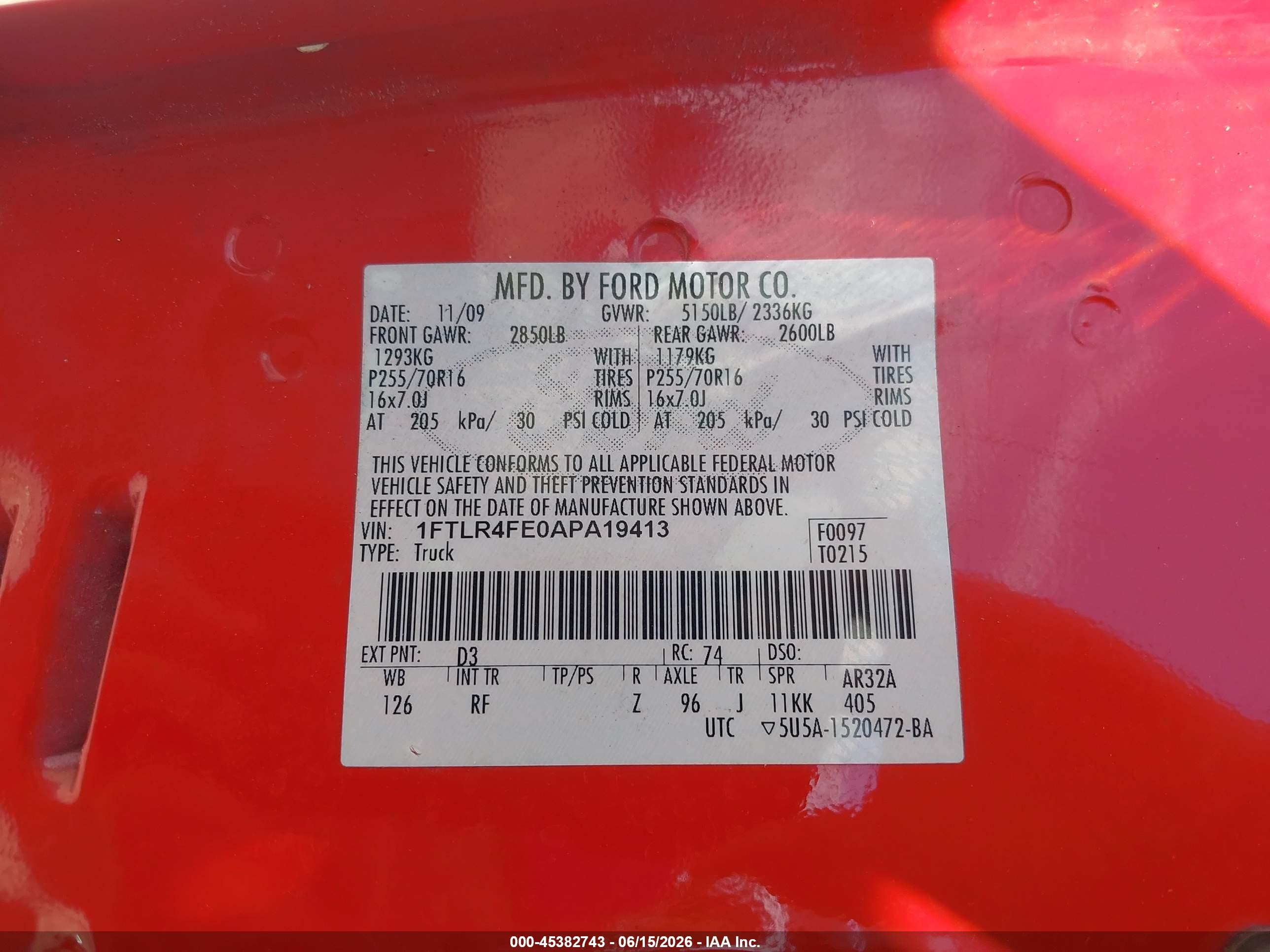 2010 Ford Ranger Sport/xlt Red vin: 1FTLR4FE0APA19413