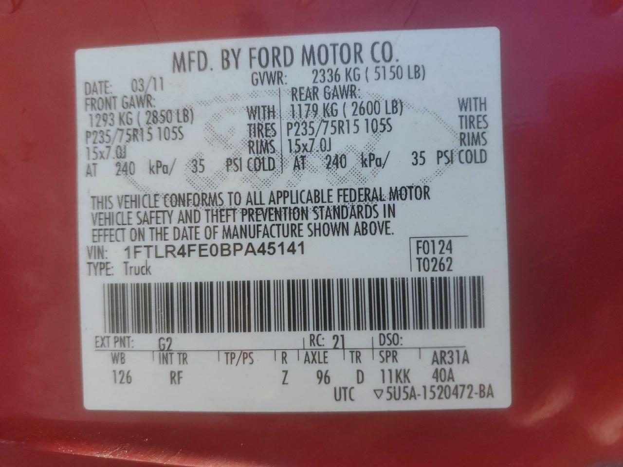 2011 Ford Ranger Red vin: 1FTLR4FE0BPA45141