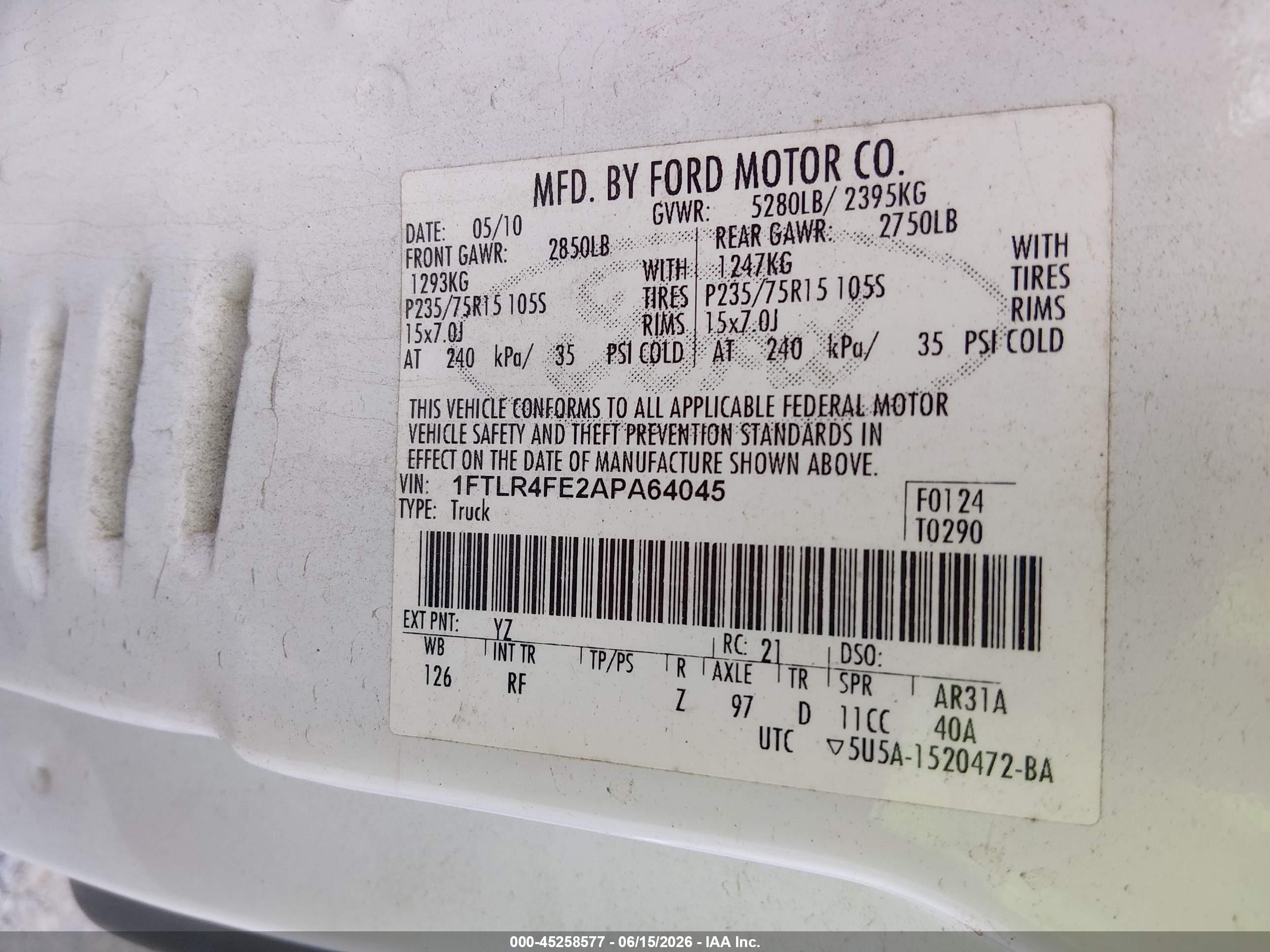 2010 Ford Ranger Sport/xlt White vin: 1FTLR4FE2APA64045