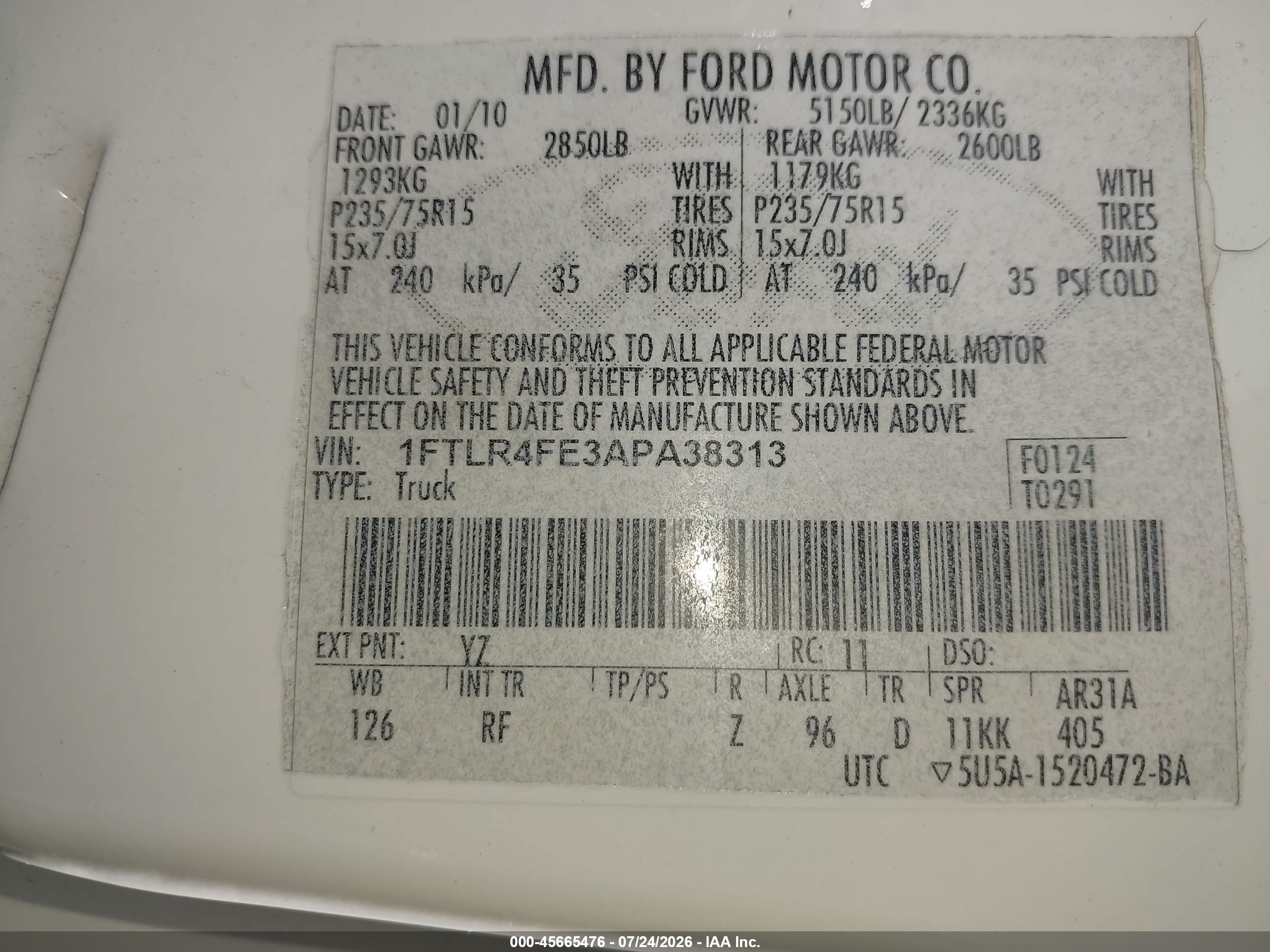 2010 Ford Ranger Sport/xlt White vin: 1FTLR4FE3APA38313