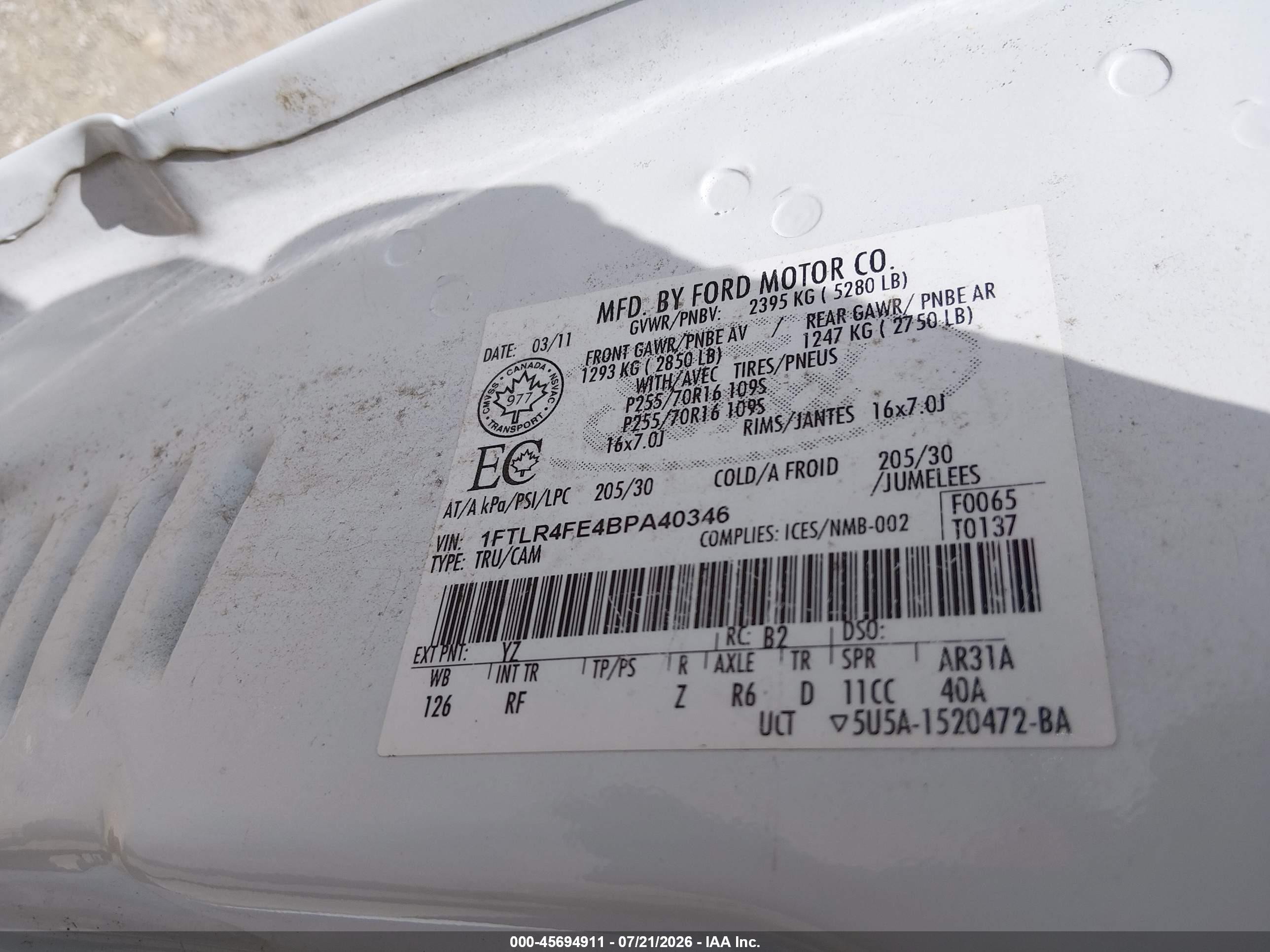 2011 Ford Ranger Xlt White vin: 1FTLR4FE4BPA40346