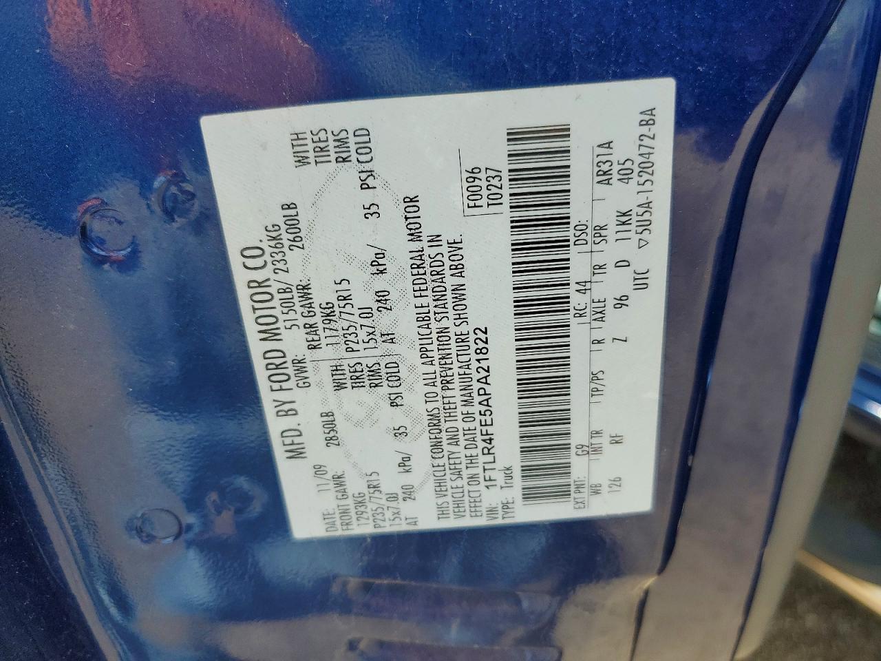 2010 Ford Ranger Super Cab Blue vin: 1FTLR4FE5APA21822