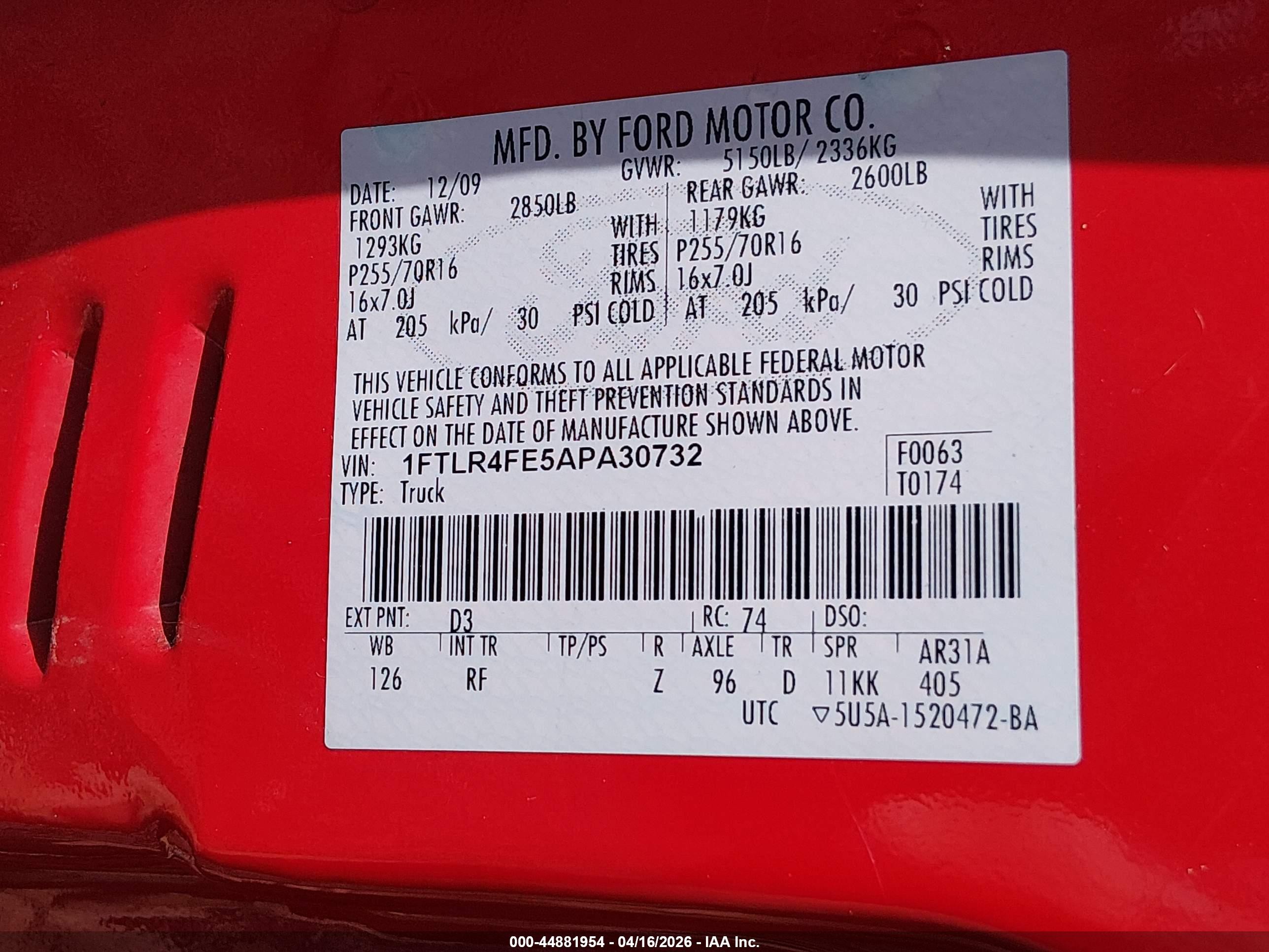 2010 Ford Ranger Sport/xlt Red vin: 1FTLR4FE5APA30732