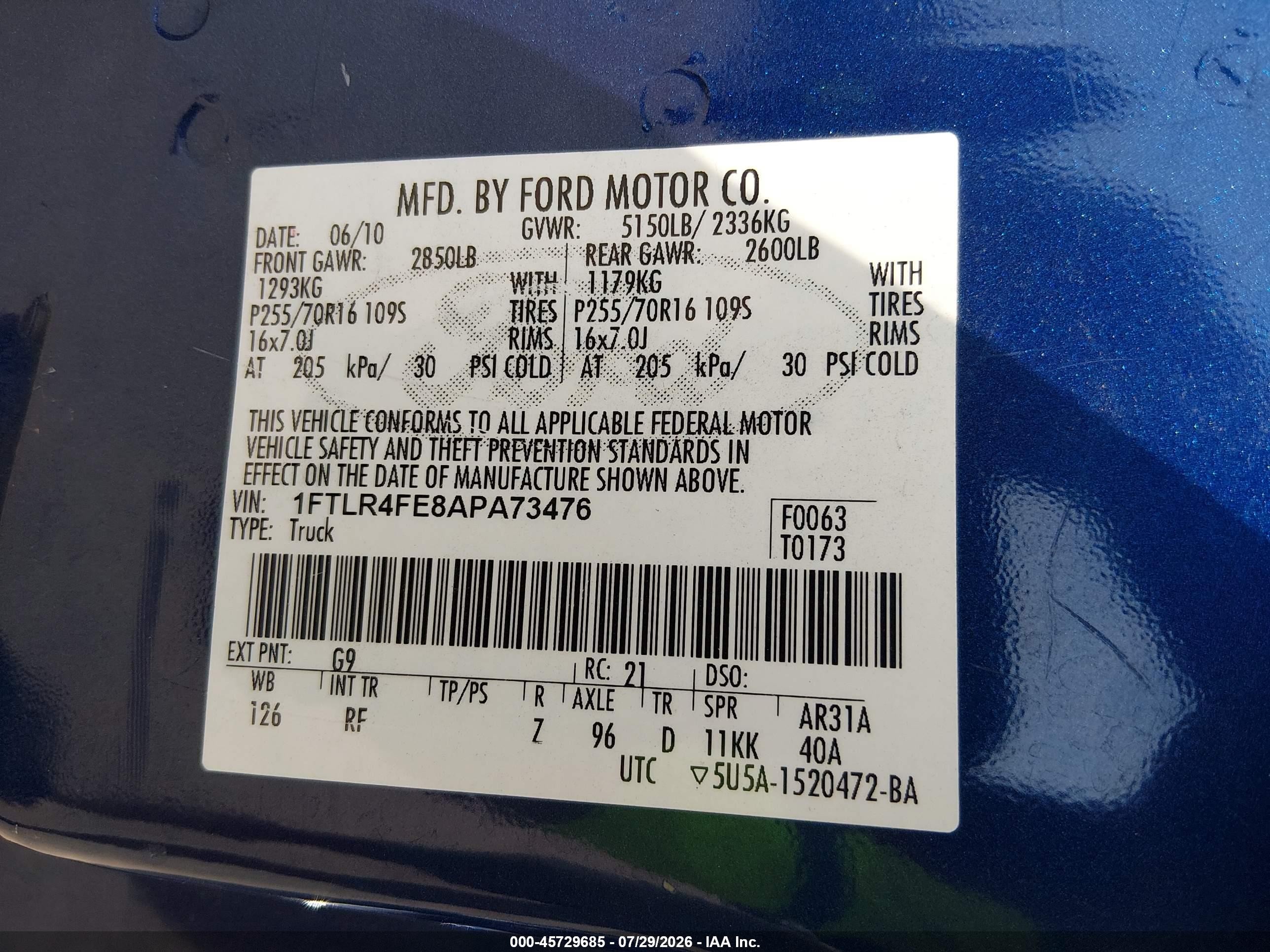 2010 Ford Ranger Xlt Blue vin: 1FTLR4FE8APA73476