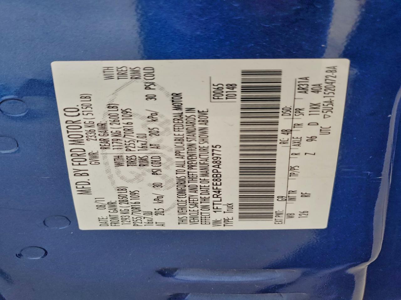 2011 Ford Ranger Super Cab Blue vin: 1FTLR4FE8BPA89775