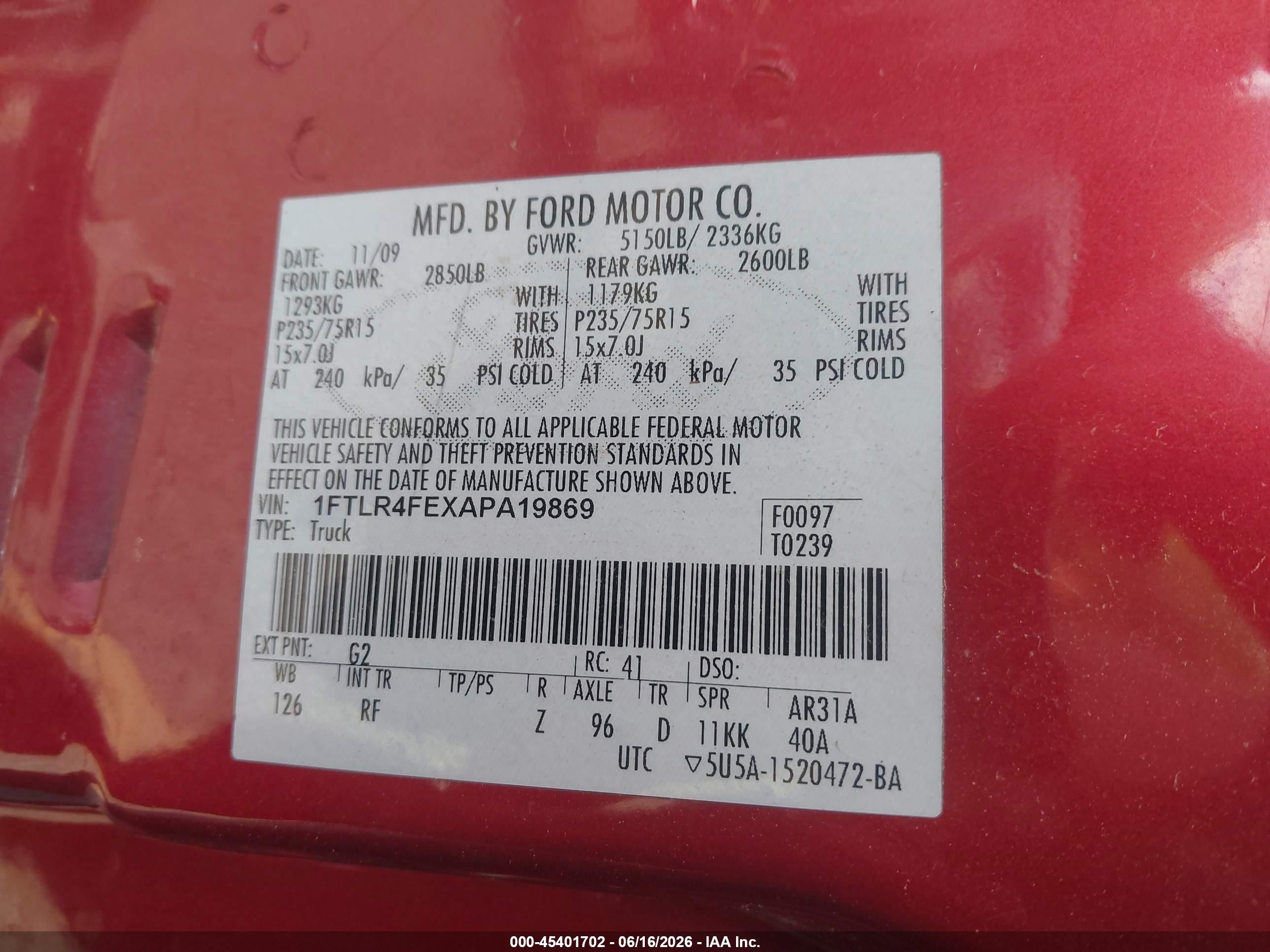 2010 Ford Ranger Sport/xlt Red vin: 1FTLR4FEXAPA19869